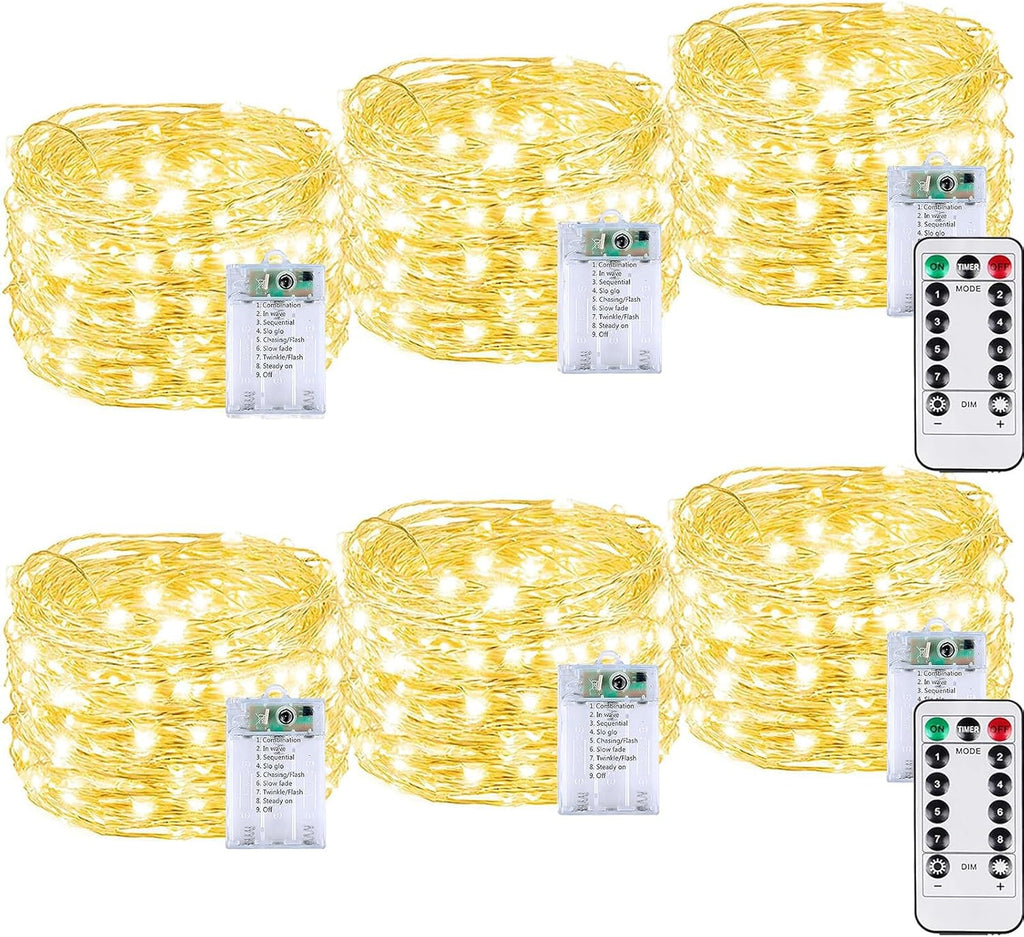 6 Pack 60LED Christmas Battery Operated Fairy Lights with Remote, 8 Modes String Lights with Timer, Dimmable, Memory Function, Waterproof Twinkle Lights for Outdoor Indoor Christmas Decor(Warm White)