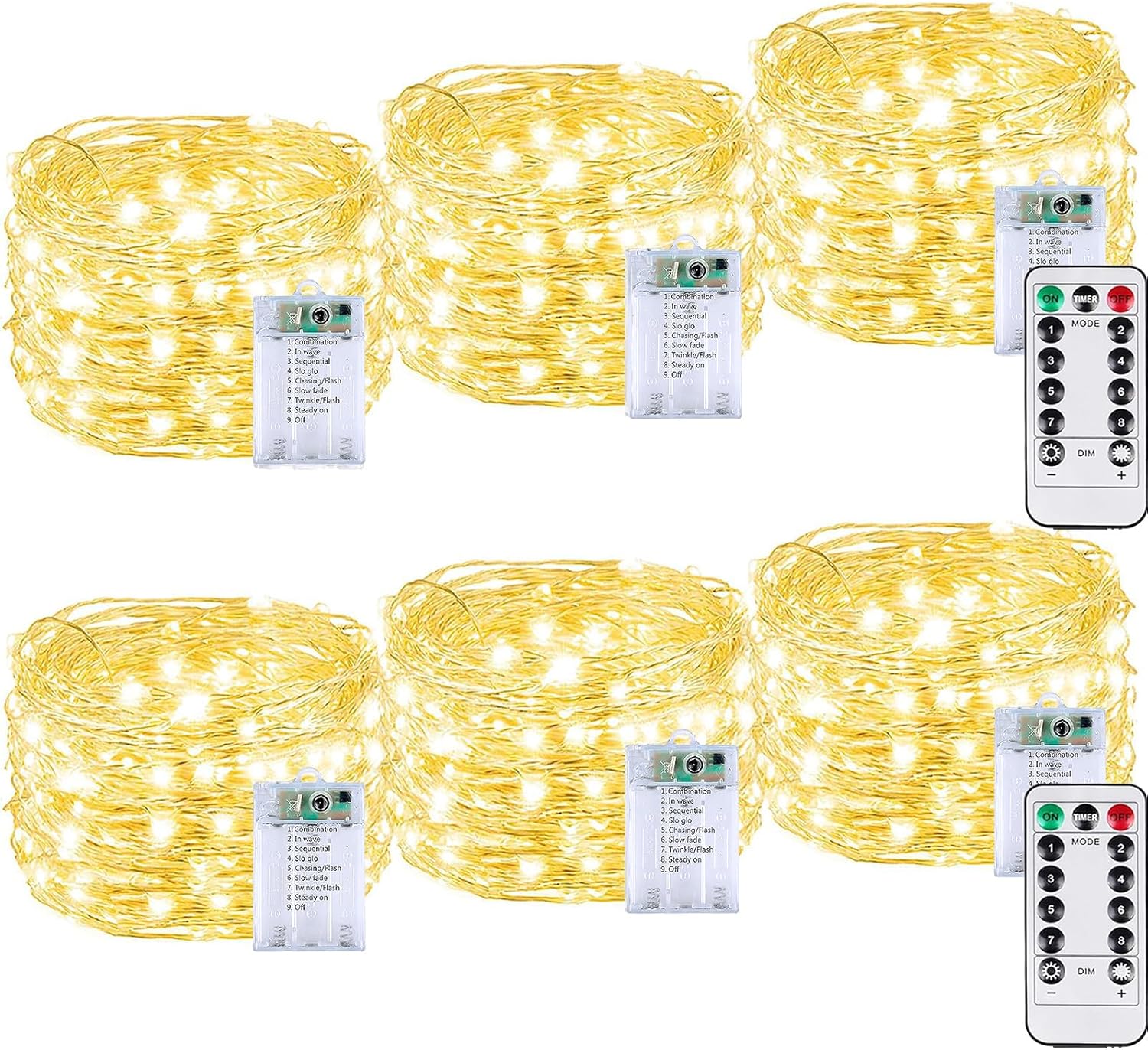 6 Pack 60LED Christmas Battery Operated Fairy Lights with Remote, 8 Modes String Lights with Timer, Dimmable, Memory Function, Waterproof Twinkle Lights for Outdoor Indoor Christmas Decor(Warm White)
