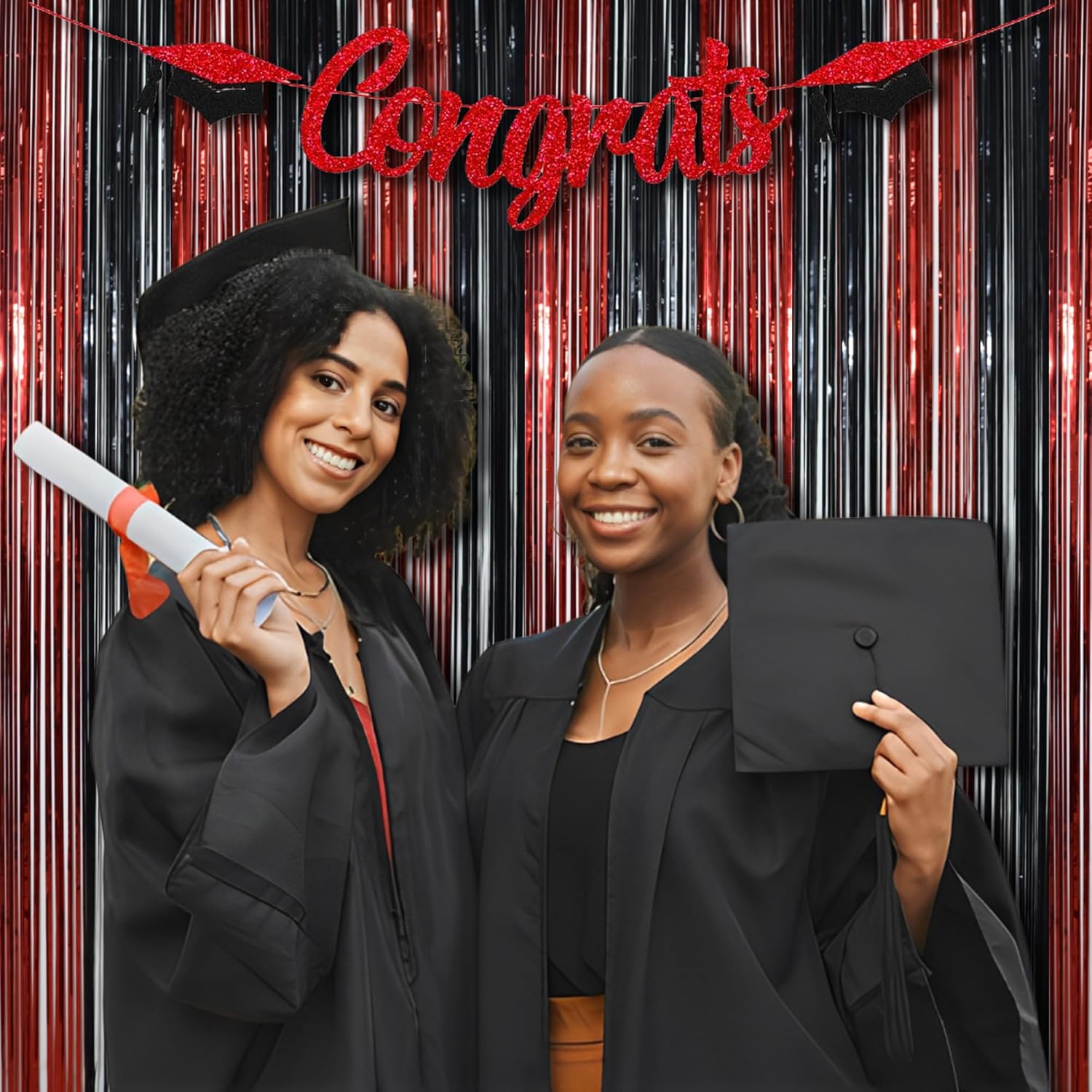 BRAVESHINE Tinsel Photo Backdrop Curtains - 2 Pack 3.2x8.2ft Black Red Foil Fringe Streamer Curtain for Christmas/New Years/Birthdays/Bachelorette/Home/Office/Indoor/Outdoor Party Supplies Decorations