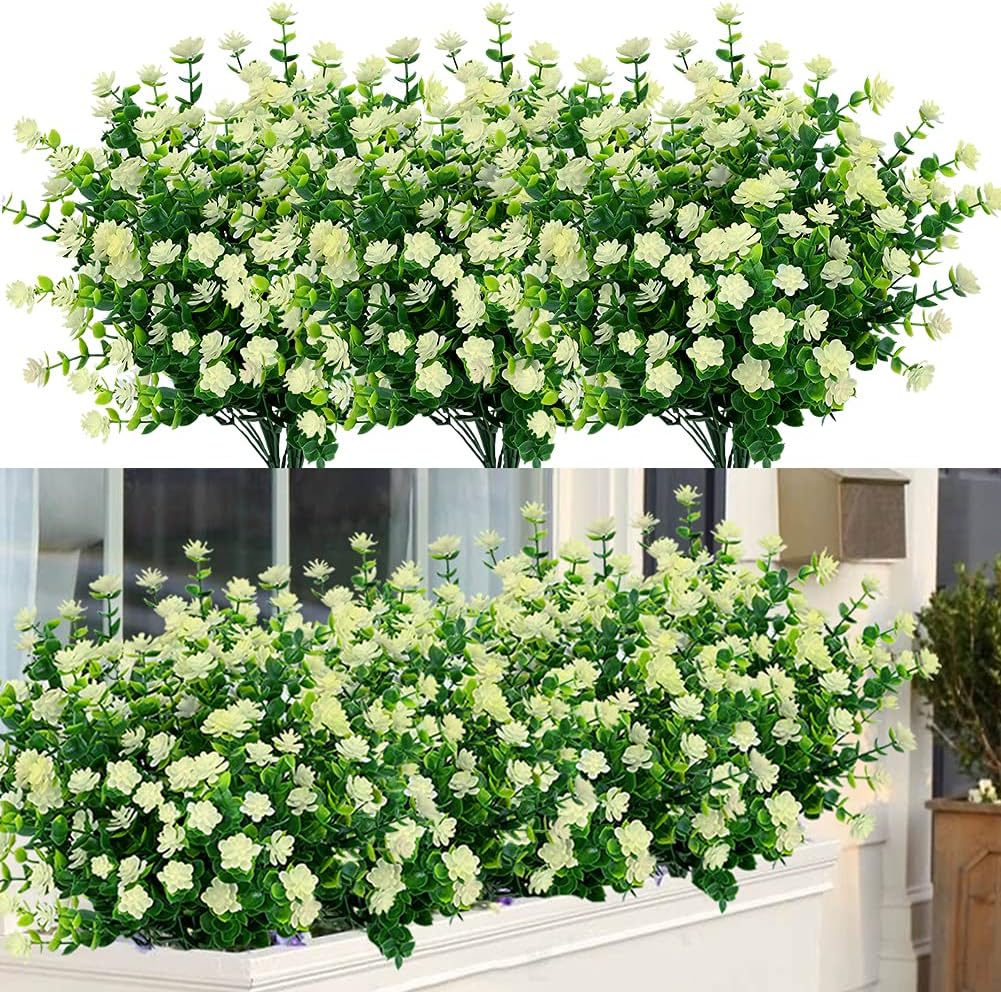 12 Bundles Outdoor Artificial Flowers UV Resistant Fake Boxwood Plants, Faux Greenery for Indoor Outside Hanging Plants Garden Porch Window Box Home Wedding Farmhouse Décor (Milk Green)