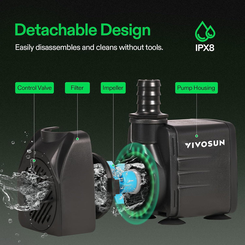 VIVOSUN 660GPH Submersible Water Pump, 2500L/H 35W aquarium pump, Ultra Quiet Fountain Pump with 8.2ft/2.5m High Lift for Fish Tank, Pond, Aquarium, Statuary, Hydroponics