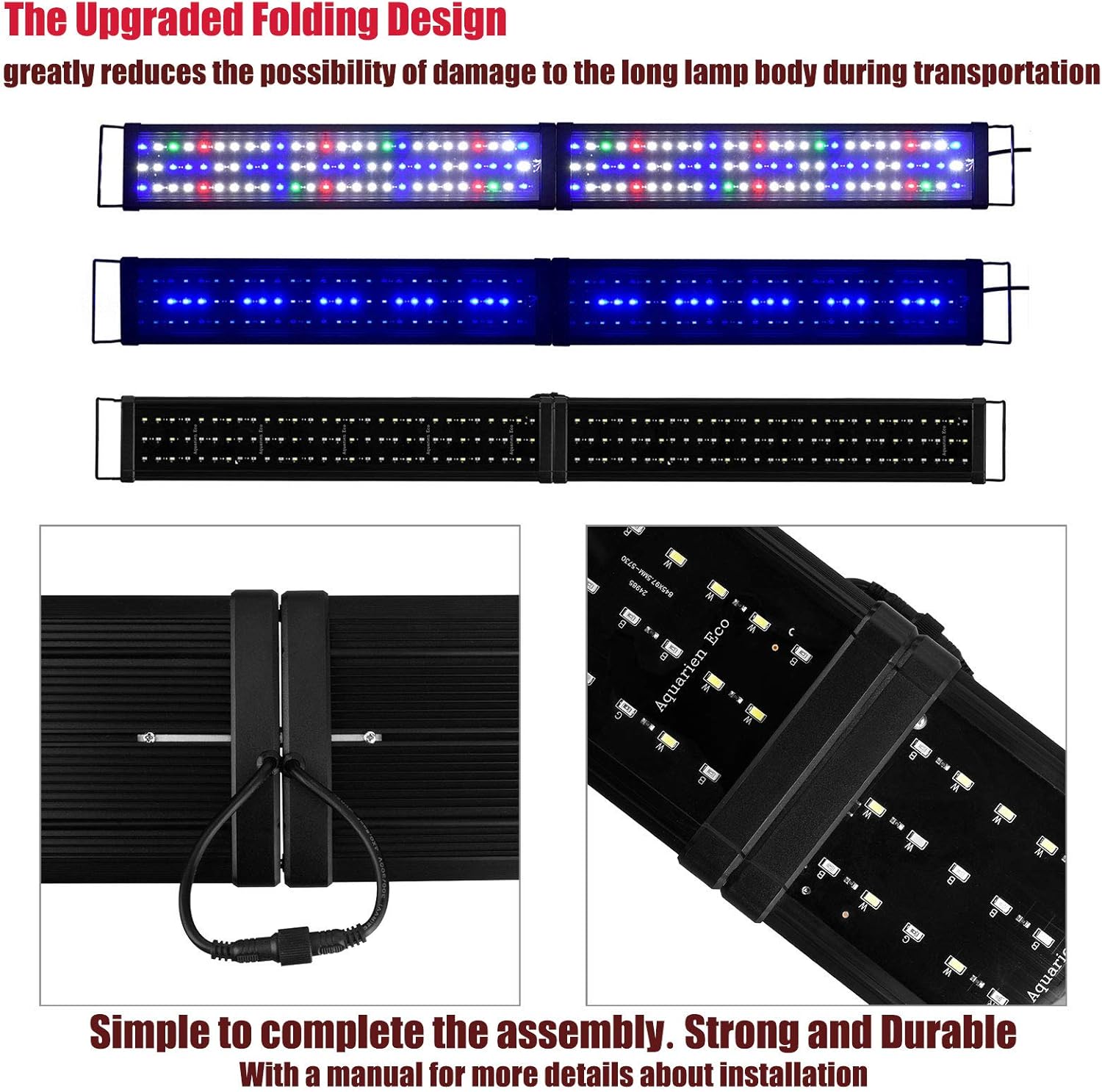 KZKR Upgraded Aquarium Light LED Full Spectrum 48-60 inch Foldable Hood Lamp for Freshwater Marine Plant Multi-Color Decorations Light (24"+24")