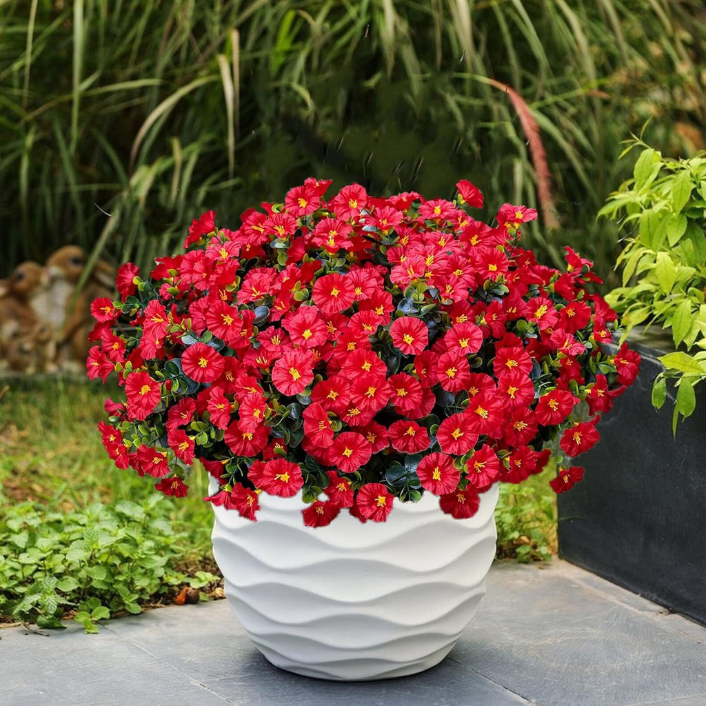 Artificial Outdoor Flowers 16 Bundles Fake Morning Glory Flower Outdoor UV Resistant Plastic Faux Flowers Plants for Decoration Indoor Outdoor Hanging Window Box Planter Home Porch Decor (Red)
