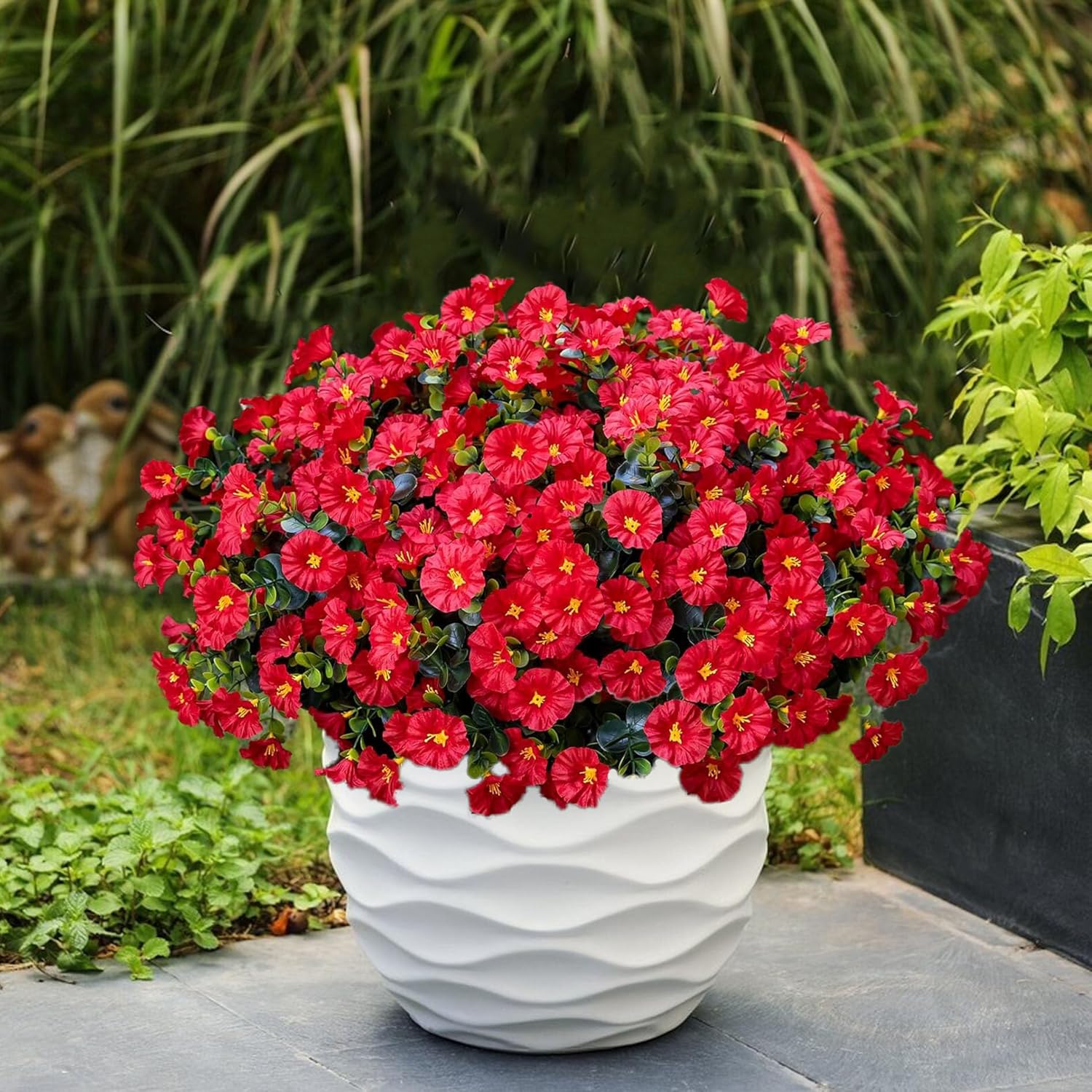 Artificial Outdoor Flowers 16 Bundles Fake Morning Glory Flower Outdoor UV Resistant Plastic Faux Flowers Plants for Decoration Indoor Outdoor Hanging Window Box Planter Home Porch Decor (Red)
