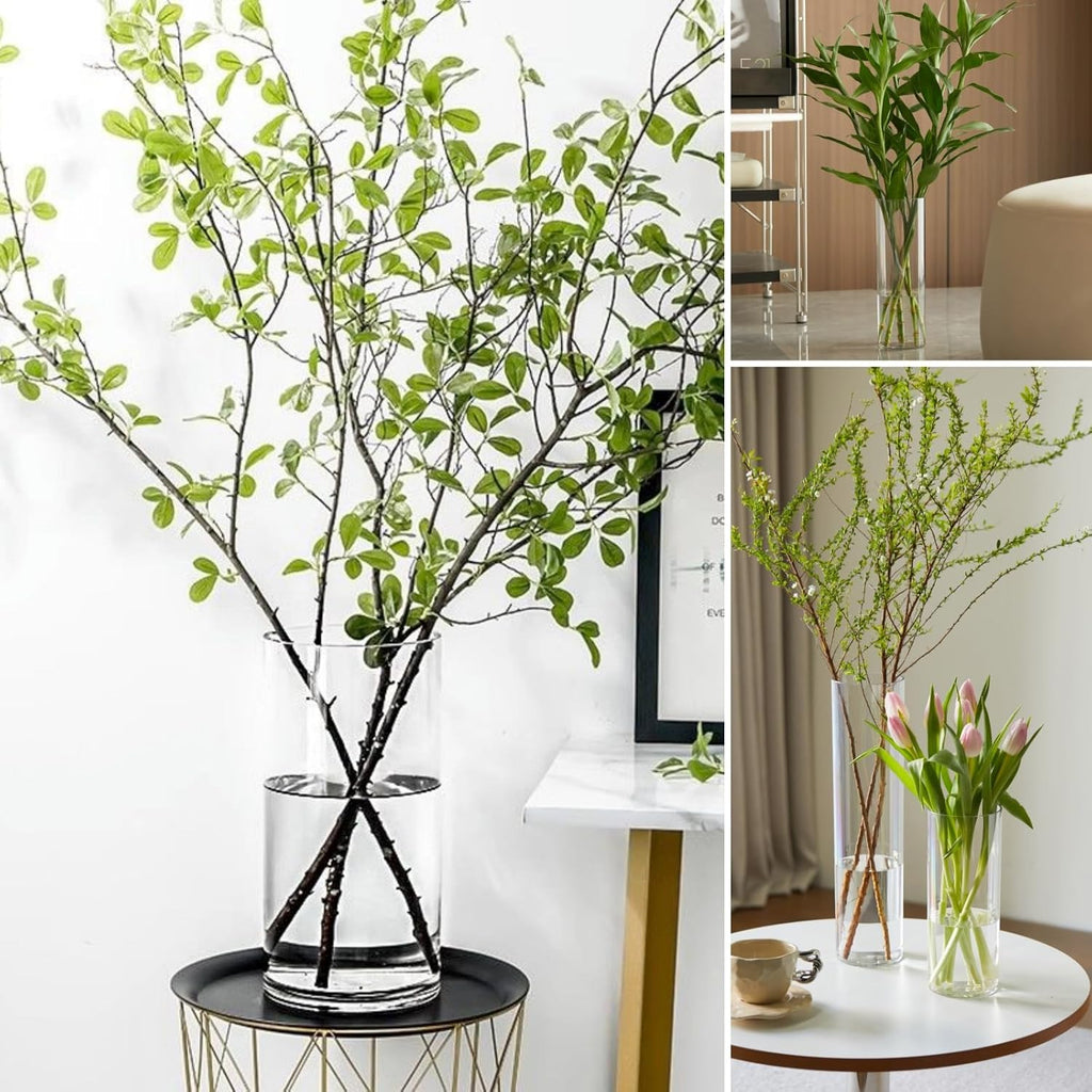 4 Pcs Acrylic Clear Cylinder Flower Vase for Plants Bouquet, Unbreakable Hurricane Tall Large Plastic Vases for Wedding Decor, High Hydroponic Floor Vase (H 10" + H 12" 2 Each No Flowers)