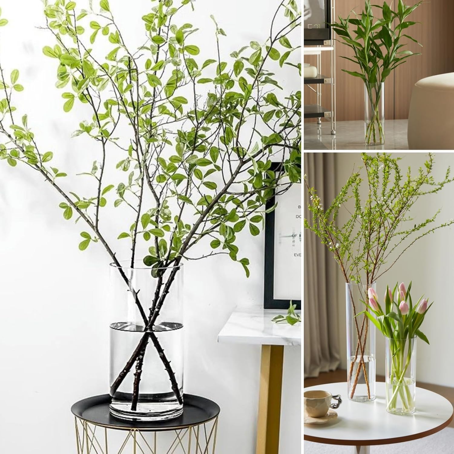 4 Pcs Acrylic Clear Cylinder Flower Vase for Plants Bouquet, Unbreakable Hurricane Tall Large Plastic Vases for Wedding Decor, High Hydroponic Floor Vase (H 10" + H 12" 2 Each No Flowers)