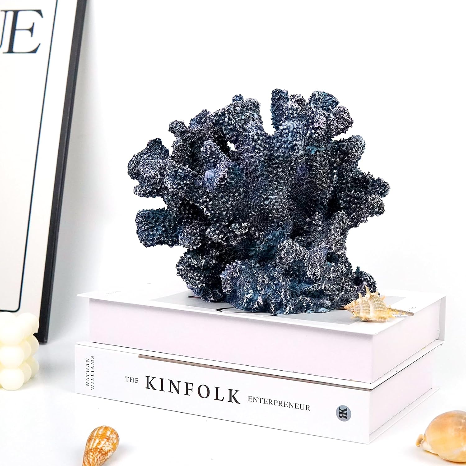 Coral Beach Decor, 7'' High x 8.6'' Width Artificial Resin Coral Reef Statue for Ocean Coastal Beach Nautical Themed Room Bathroom Decor for Home, RB1005B, Blue