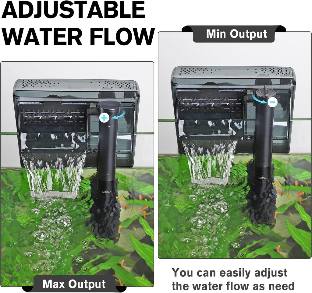 hygger Aquarium HOB Filter 105 GPH for 10-20 Gallon Fish Tank Power Filter with Adjustable Water Flow Extendable Intake Tube External Hang-On Back
