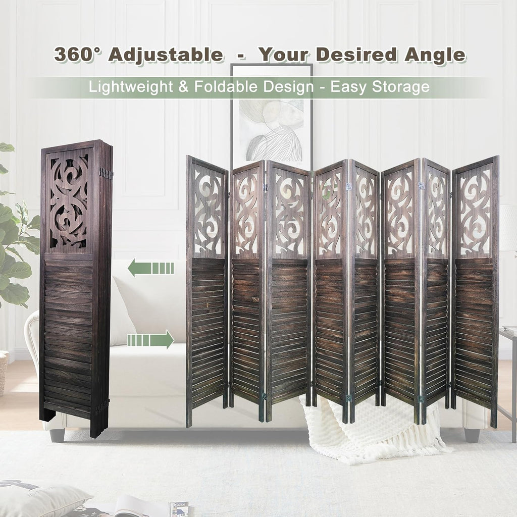 8 Panel Room Dividers 6FT Wall Divider Carved Wood Room Separator Folding Privacy Screens Cutout Design Foldable Partition Wall for Office Restaurant, Studio Apartment, Rustic Brown