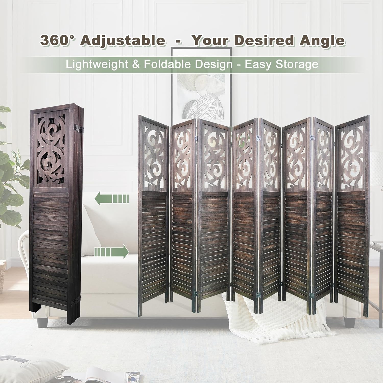 8 Panel Room Dividers 6FT Wall Divider Carved Wood Room Separator Folding Privacy Screens Cutout Design Foldable Partition Wall for Office Restaurant, Studio Apartment, Rustic Brown