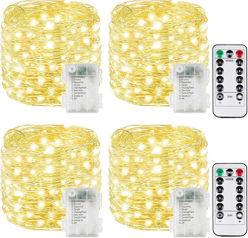 4 Pack Christmas Fairy Lights Battery Operated with Remote, Each 33FT 100LED Waterproof Twinkle Lights with Timer, String Light Indoor & Outdoor for Bedroom Wedding Christmas Decorations (Warm White)
