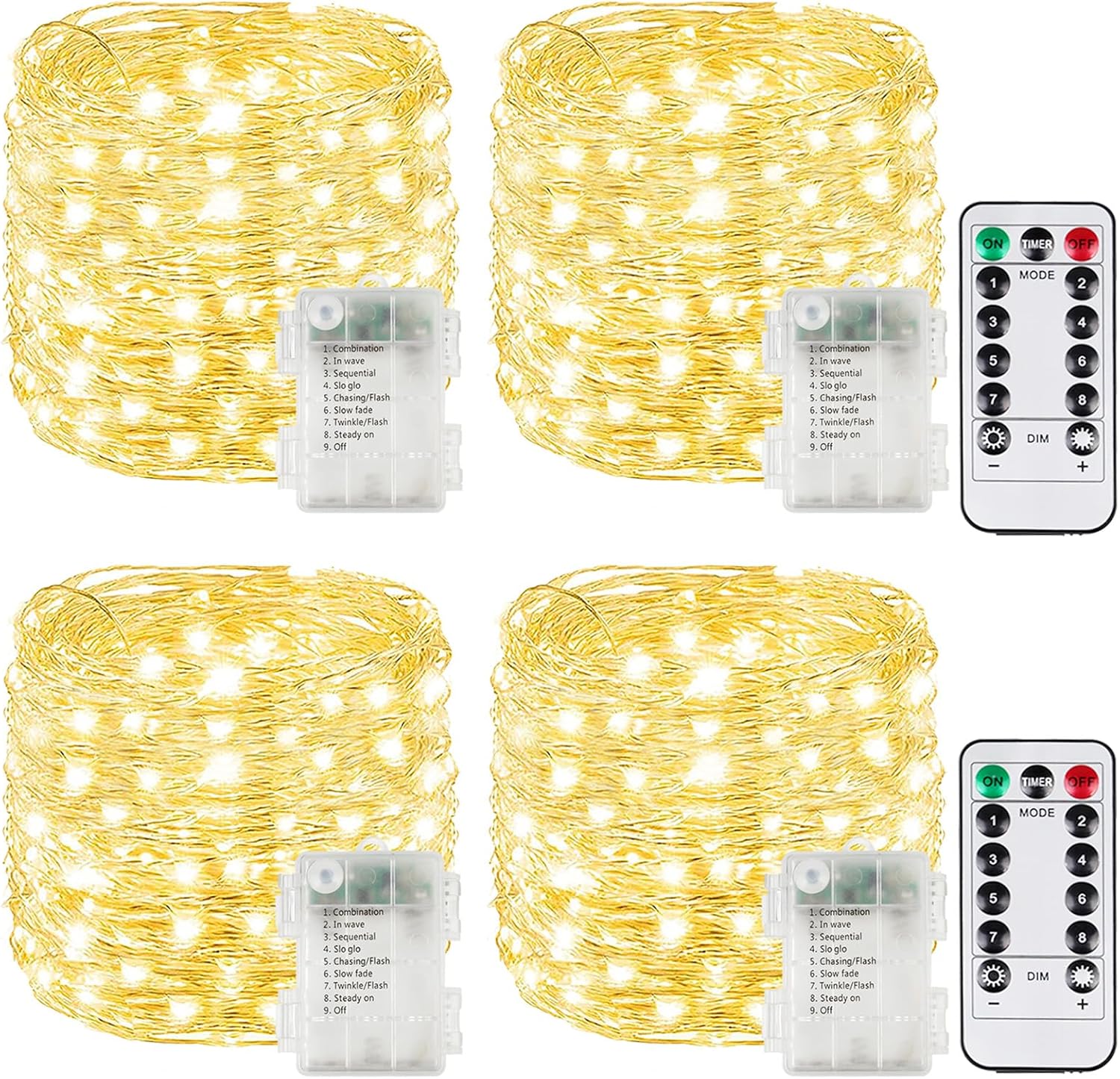 4 Pack Christmas Fairy Lights Battery Operated with Remote, Each 33FT 100LED Waterproof Twinkle Lights with Timer, String Light Indoor & Outdoor for Bedroom Wedding Christmas Decorations (Warm White)