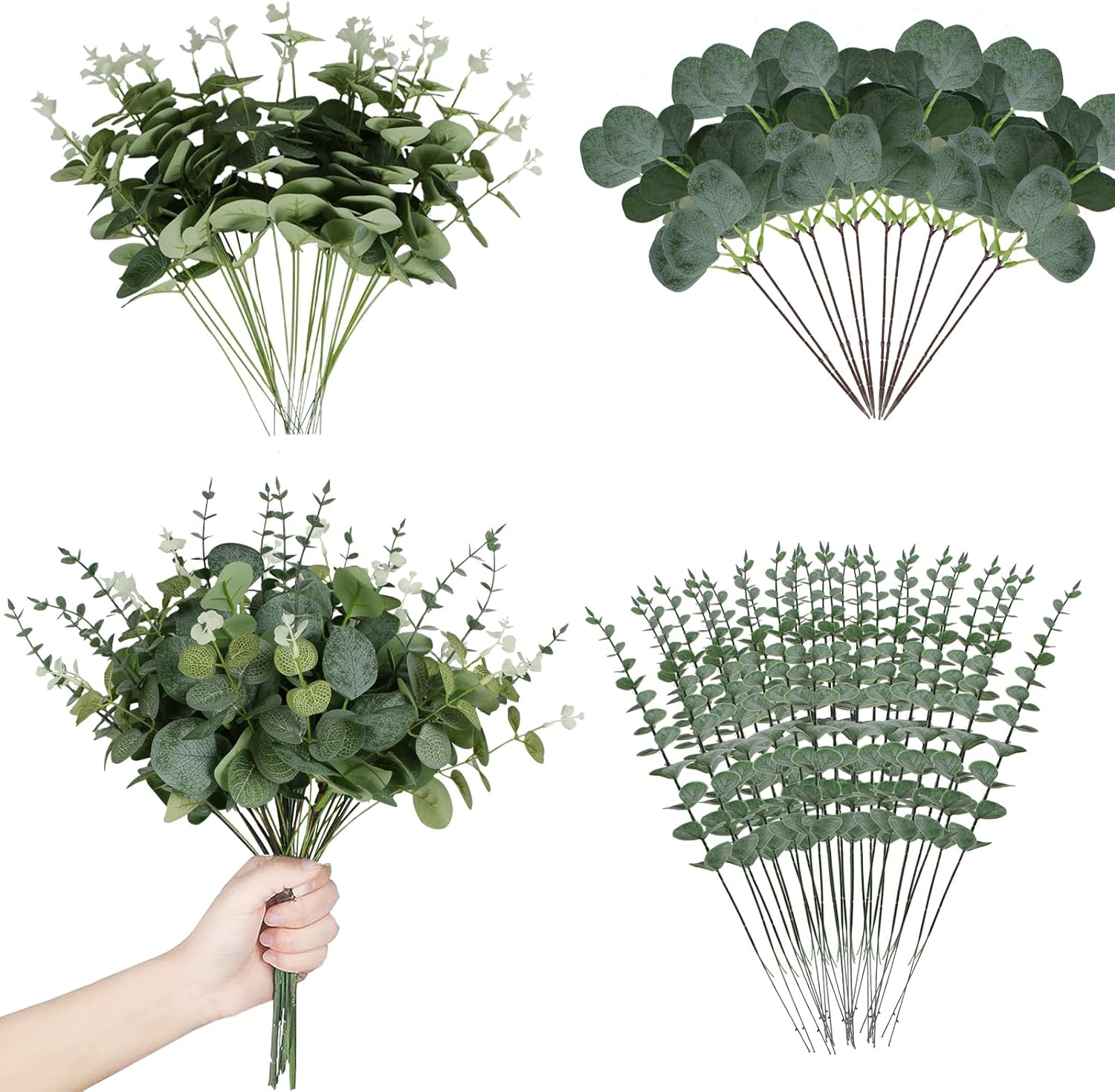 120 Pcs 3 Kinds Mixed Artificial Eucalyptus Leaves Stems Fake Silver Dollar Eucalyptus Leaves Stem Bulk Faux Leaf for DIY Bouquets Floral Arrangement Wedding Home Decor