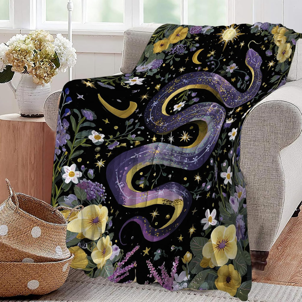 Purple Snake Blanket Fantasy Floral Reptiles Throw Blankets Gifts for Girls Boys Kids Snake Lover Soft Cozy Fleece Plush for Couch Sofa Bed 50"x40"
