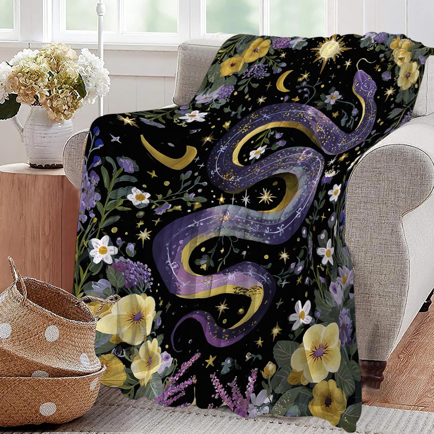 Purple Snake Blanket Fantasy Floral Reptiles Throw Blankets Gifts for Girls Boys Kids Snake Lover Soft Cozy Fleece Plush for Couch Sofa Bed 60"x50"