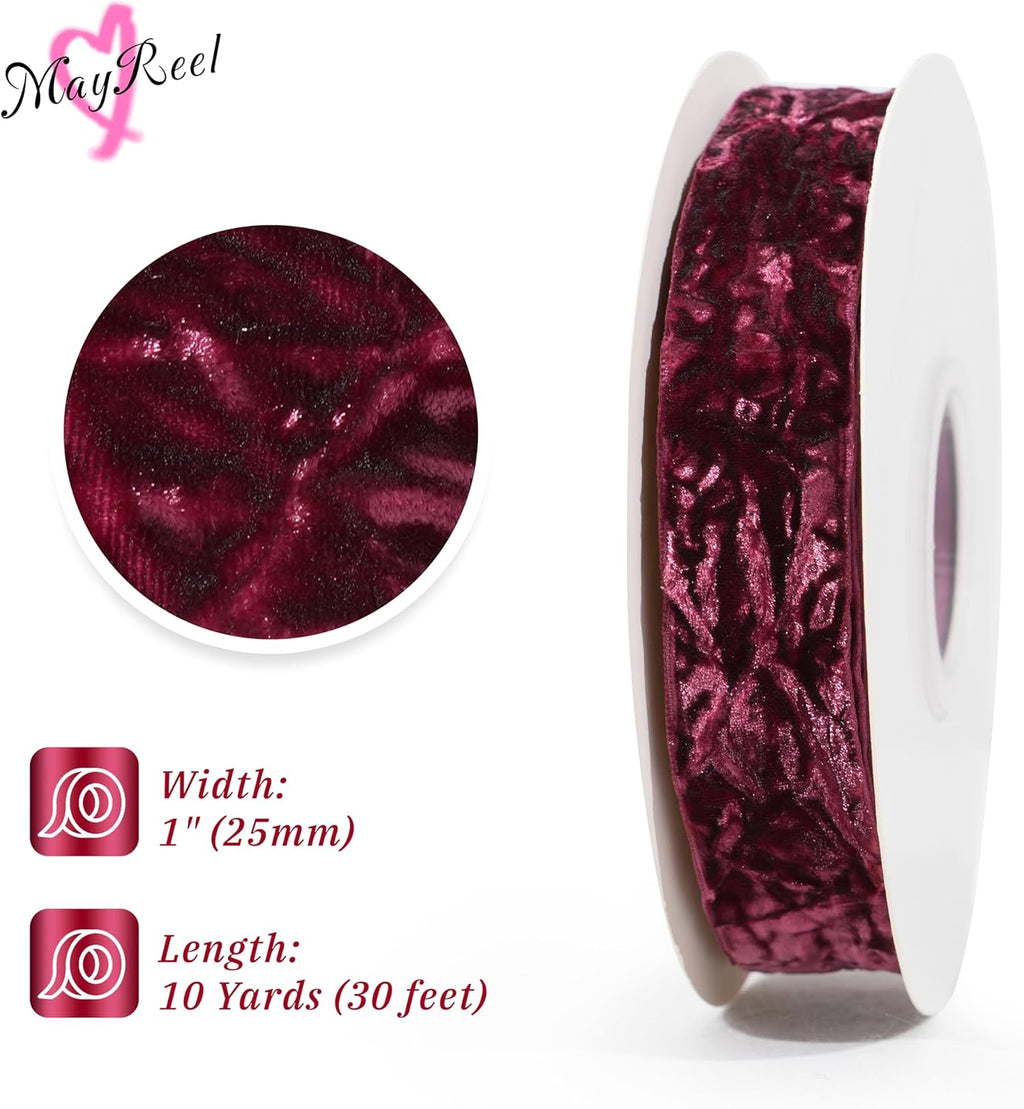 MAYREEL 1 Inch Burgundy Crushed Velvet Ribbon Maroon Vintage for Flower Bouquets Wedding Invitations Crafts Gift Wrapping Party Favor Boxes 10 Yards