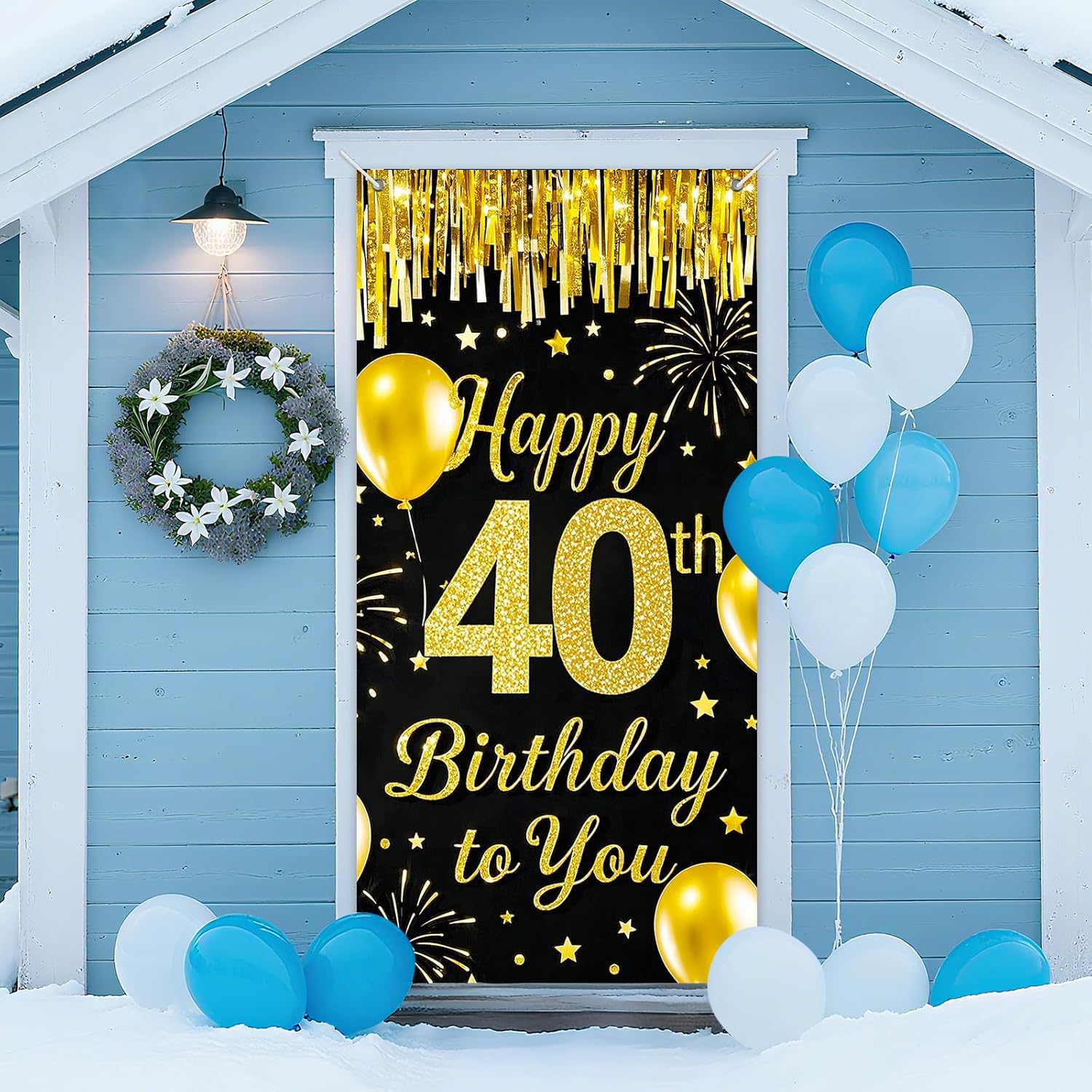IVN 40th Birthday Door Cover 71x35 Inch Black Gold Birthday Banner for Party Decorations Balloons Stars Fireworks Backdrop Sign for Men Women Photo Booth Prop Wall Decor