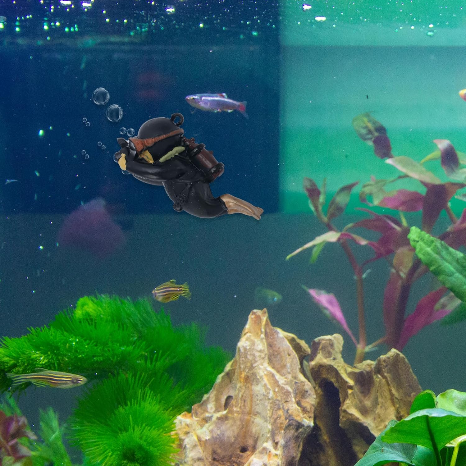 Diver Aquarium Decorations, Floating Diver Fish Tank Decorations, Floating Cartoon Diver Decor, Fun Floating Fish Decoration, PVC Diver Decor, Black, 1 Set