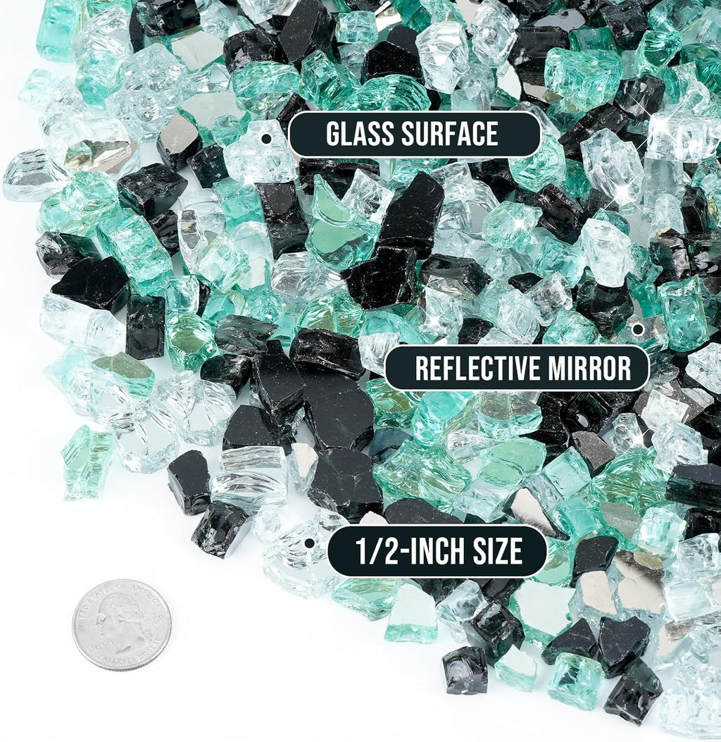 Skyflame 10-Pound Blended Fire Glass for Fire Pit Fireplace Landscaping - 1/2 Inch Reflective Tempered Fireglass Onyx Black, Platinum, Light Green