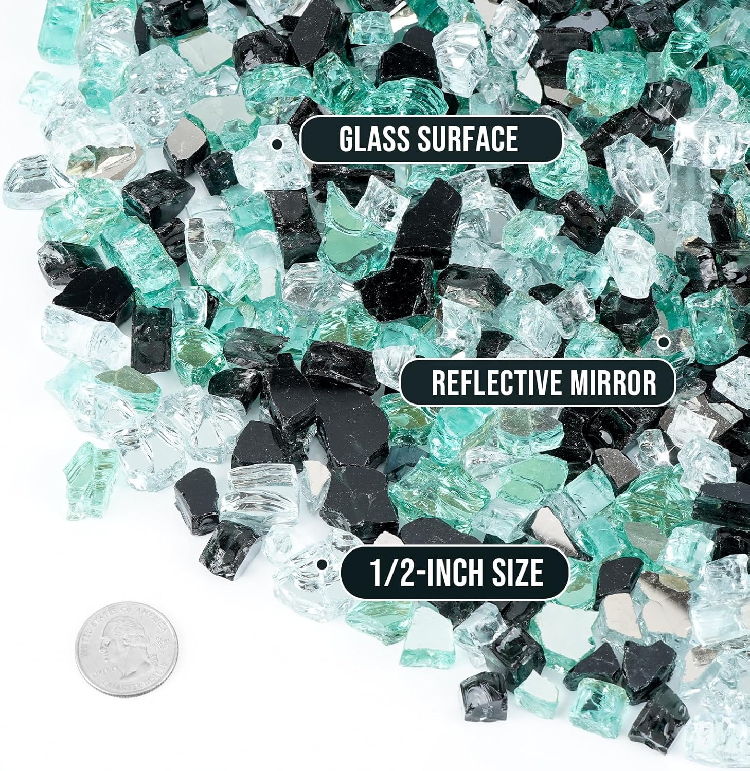 Skyflame 10-Pound Blended Fire Glass for Fire Pit Fireplace Landscaping - 1/2 Inch Reflective Tempered Fireglass Onyx Black, Platinum, Light Green