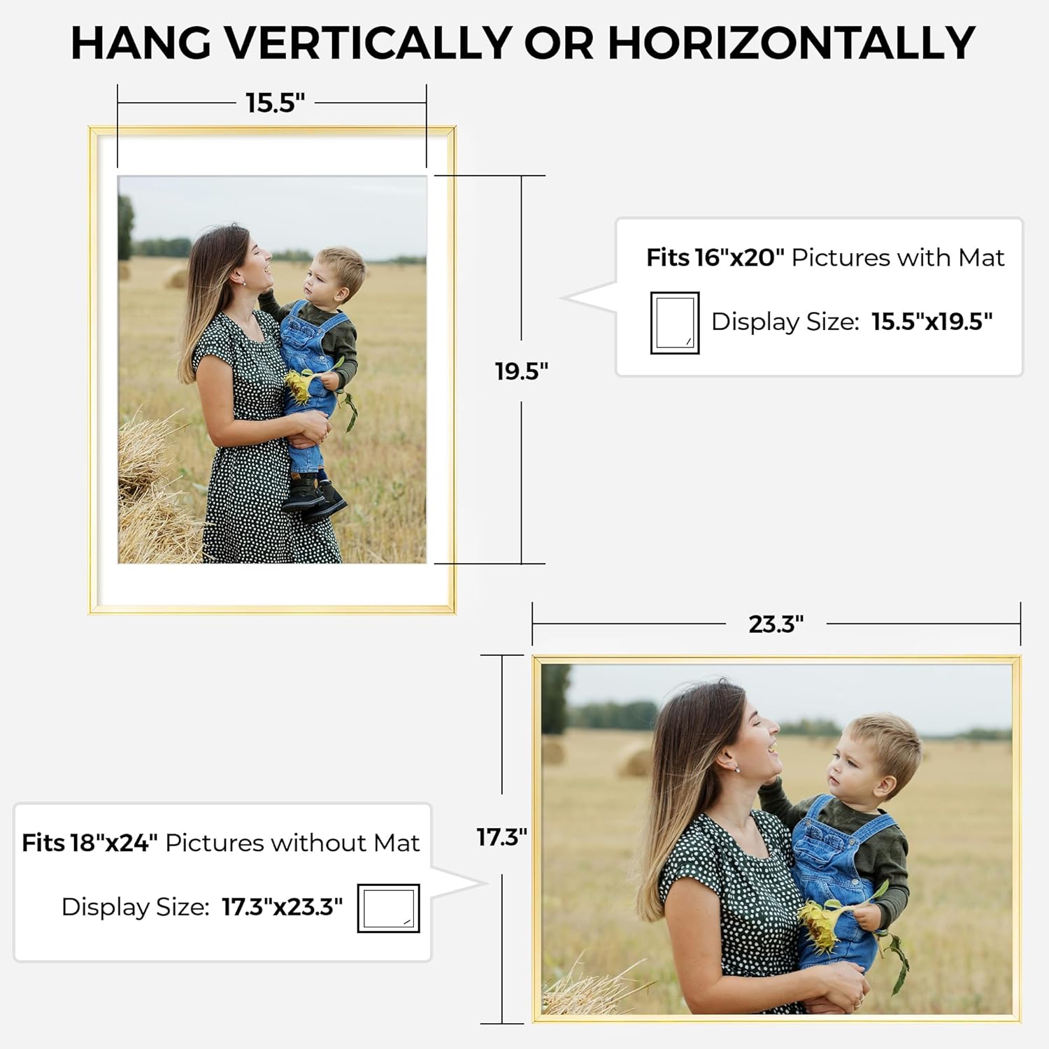 RICHFOCUS Aluminum Picture Frame - 18x24 Gold Metal Frame with Mat for 16x20 Photo, Floating Frame with Tempered Glass - Poster Frame Wall Hook Included for Gallery Wall, Set of 2