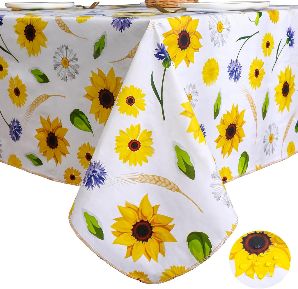 Heavy Duty Vinyl Tablecloth with Flannel Backing Waterproof Oil-Proof Plastic Table Cloth Stain-Resistant Wipeable Rectangle or Square Table Cover for Indoor and Outdoor (Yellow Flower, 60x102 Inch)