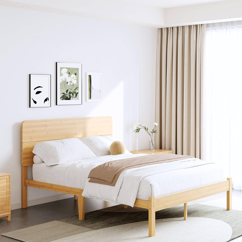 14in High Solid Bamboo Wood Platform Full Size Bed Frame with Headboard, Reinforced Heavy Duty Metal Slats, Noise Free, No Box Spring Needed, Easy Assembly