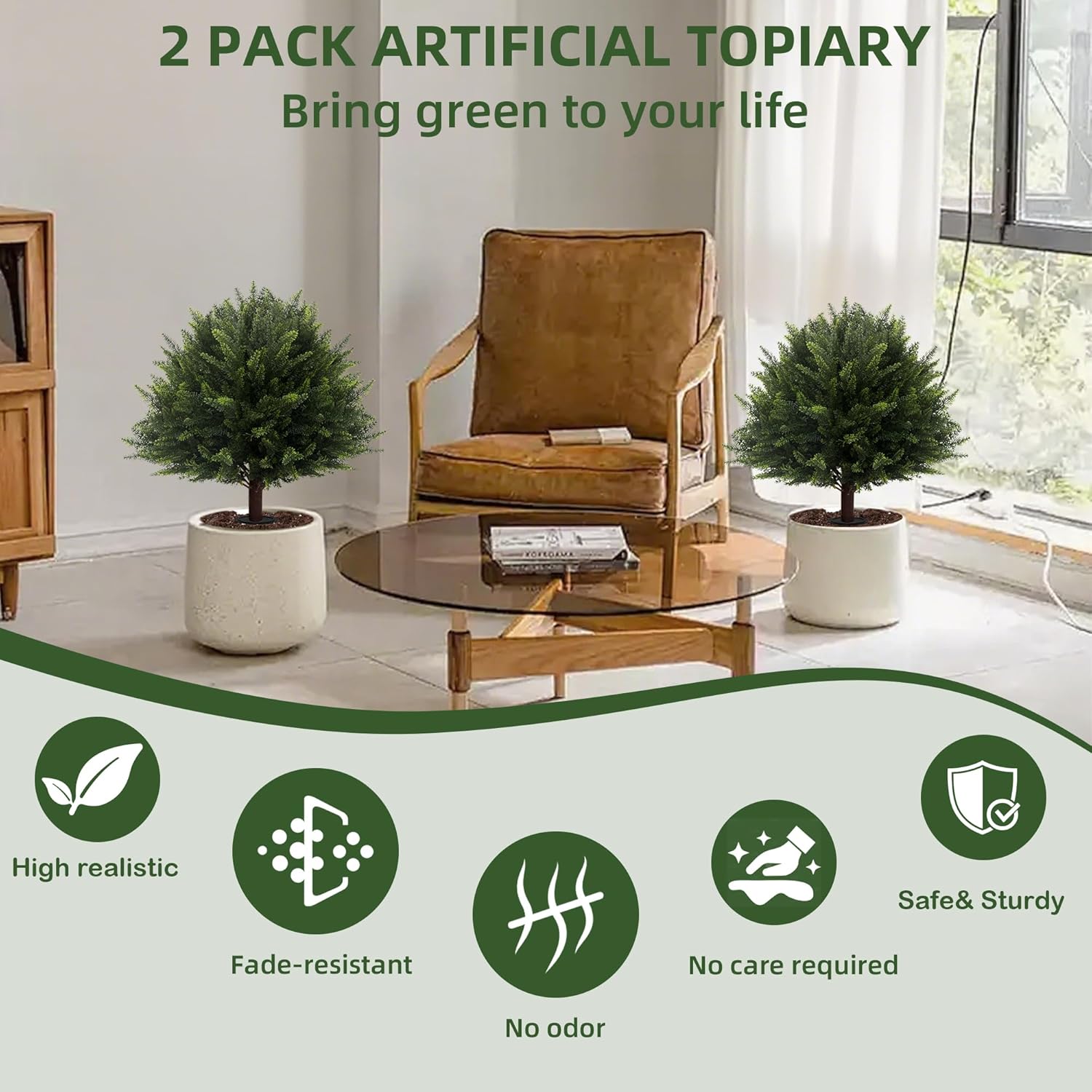 Set of 2 Artificial Cypress Trees, Artificial Cedar Topiary Ball Trees,23 Inch UV Resistant Fake Evergreen Shrubs with Ground Spike for Outdoor Indoor Porch, Garden, Planters
