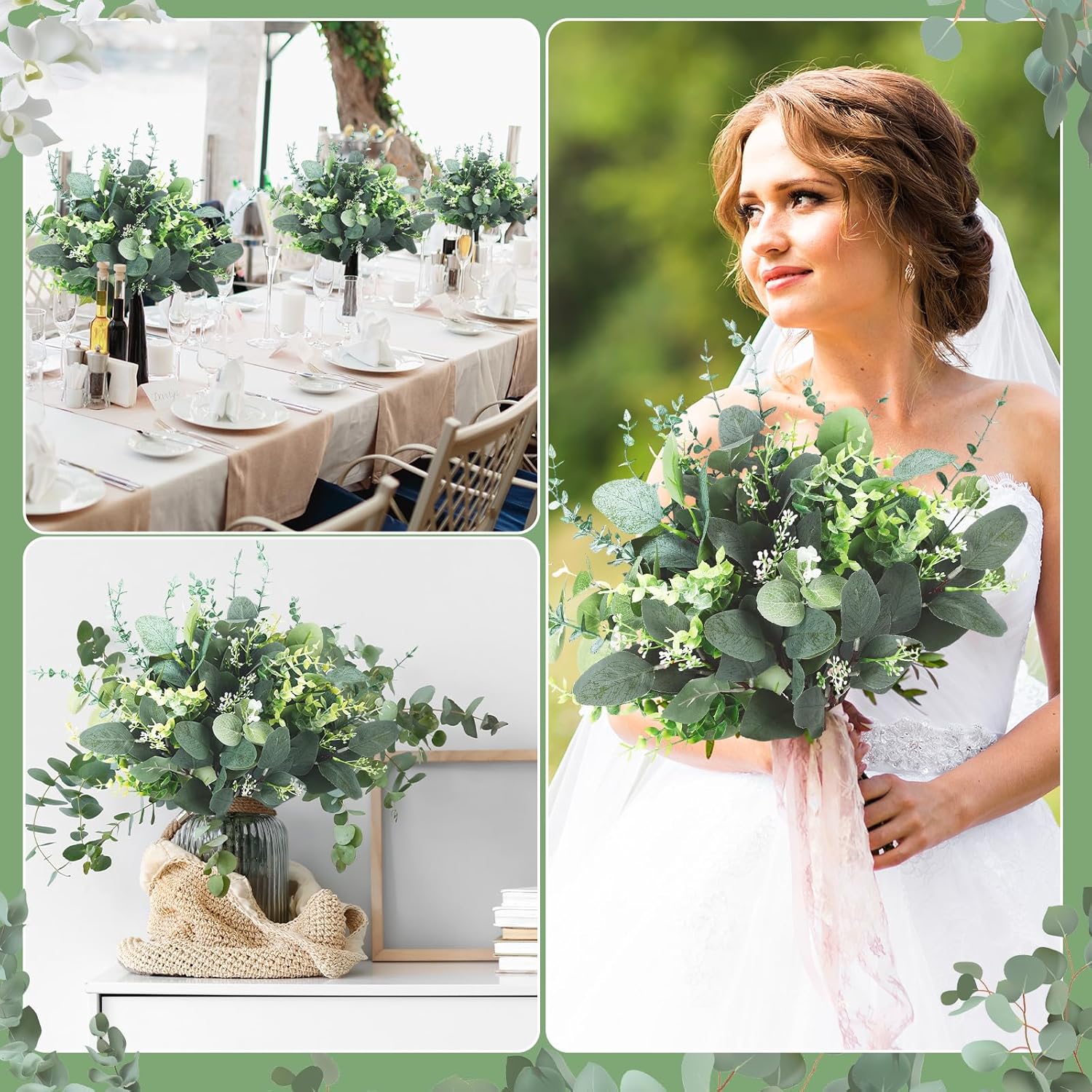 Ceenna 200 Pcs 6 Kinds Mixed Eucalyptus Leaves Stems Bulk Artificial Eucalyptus Leaves Sprays Silver Dollar Faux Greenery Picks Bundle for Wedding Vase Floral Arrangement Decor