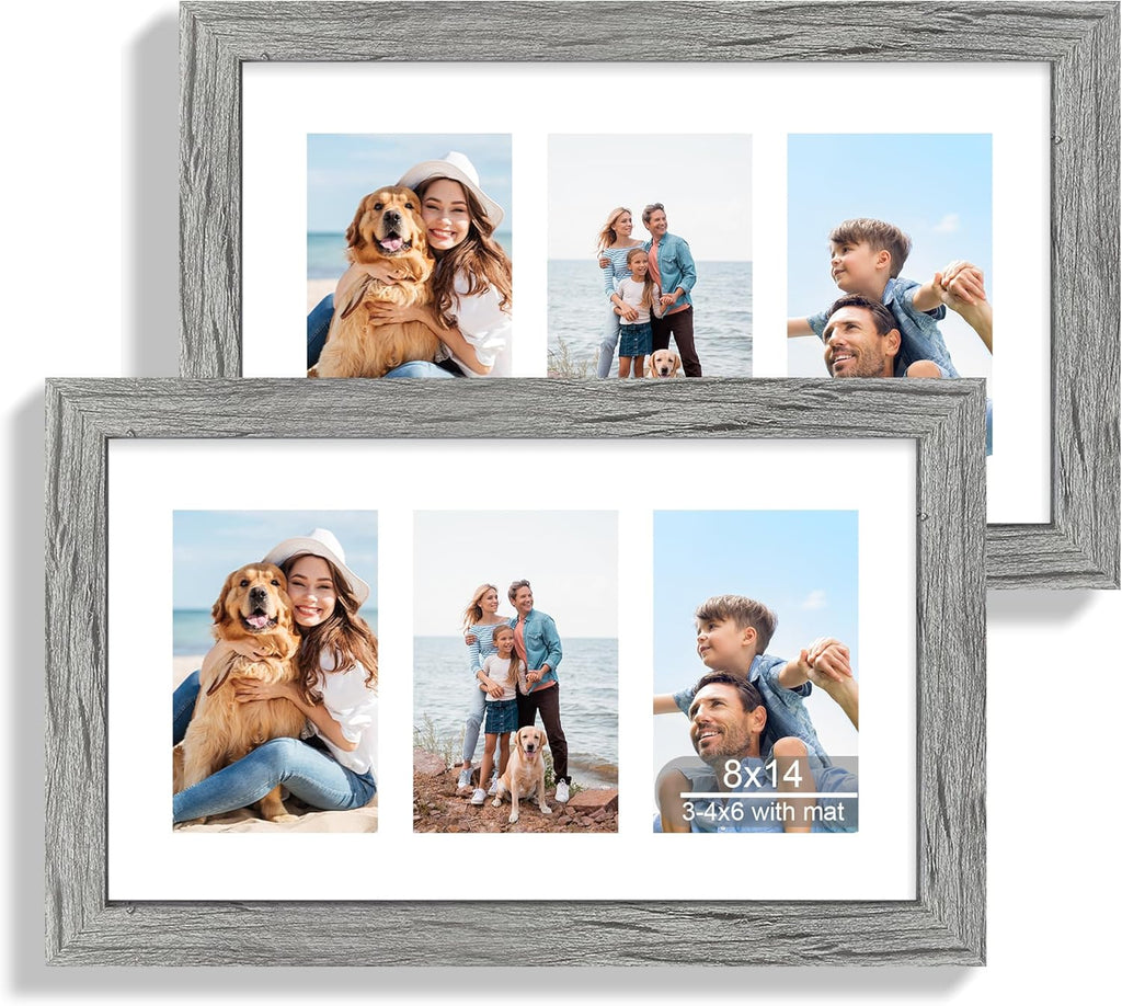 8x14 Picture Frame Set of 2, Rustic Grey Wood Frame with Glass Collage Frame, Display Pictures 3-4x6 With Mat or 8 x 14 Without Mat - Horizontal or Vertical Wall Mounting