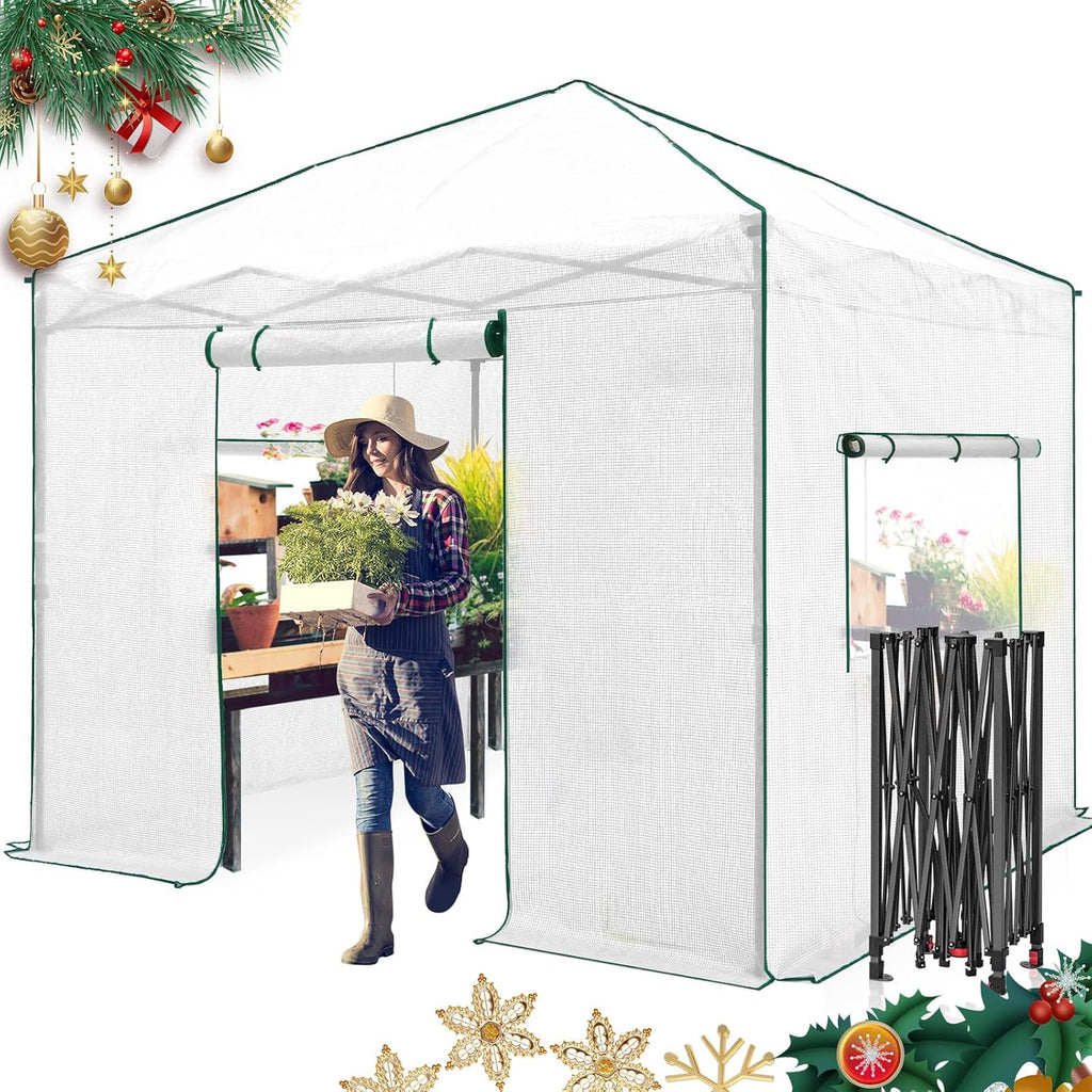 EAGLE PEAK Instant Pop-up Greenhouse, Indoor Outdoor Plant Gardening Green House, Roll-Up Zipper Doors and Side Windows, Walk in 10x10 ft, White/Clear