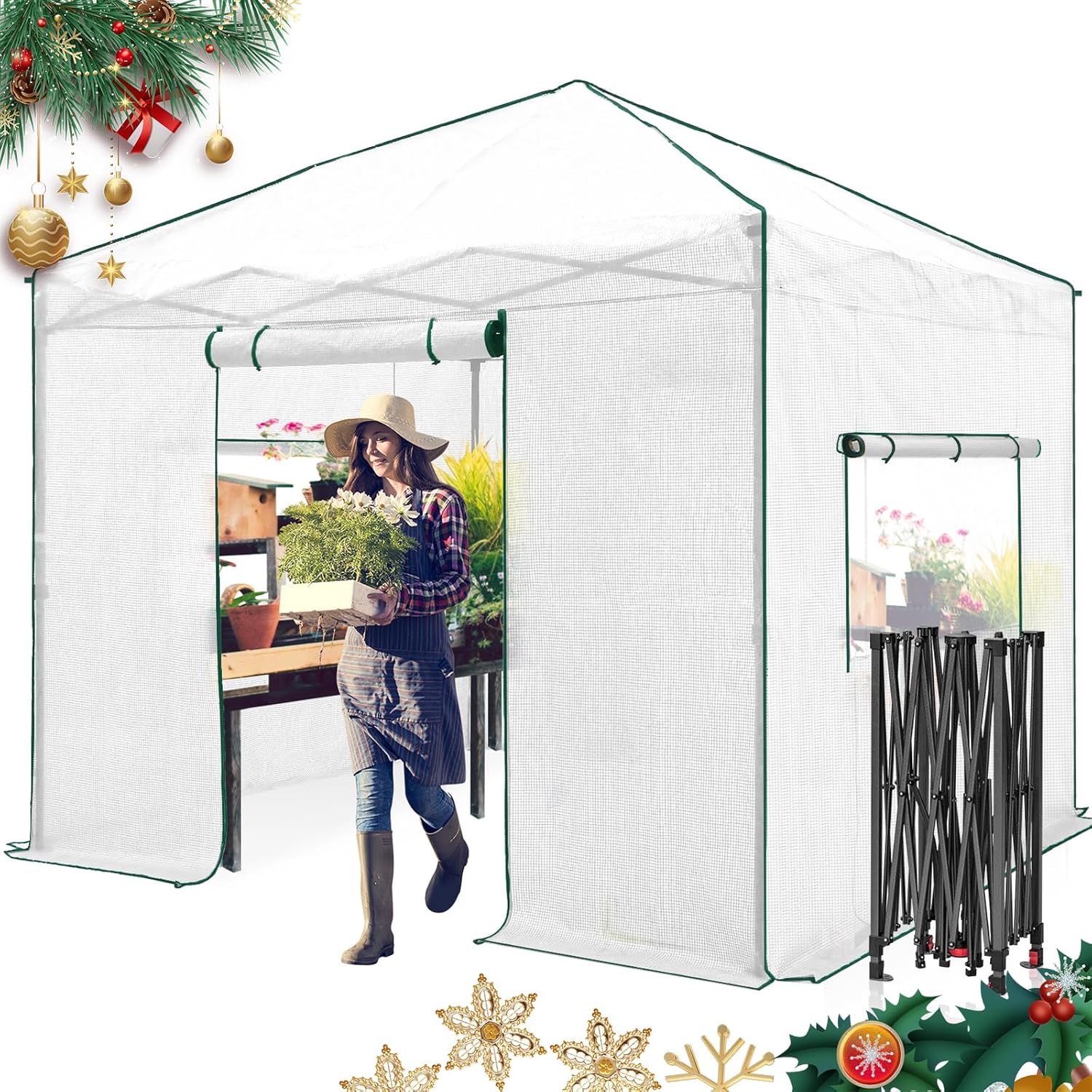 EAGLE PEAK Instant Pop-up Greenhouse, Indoor Outdoor Plant Gardening Green House, Roll-Up Zipper Doors and Side Windows, Walk in 10x10 ft, White/Clear
