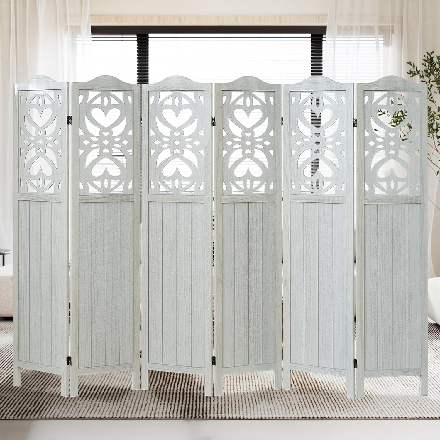 6 Panel Room Divider Wall, 5.6Ft Tall Room Divider Panel and Folding Privacy Screen, Portable Carved Partition Screen, Wall Divider for Room Separation Bedroom Home Office - Light Gray