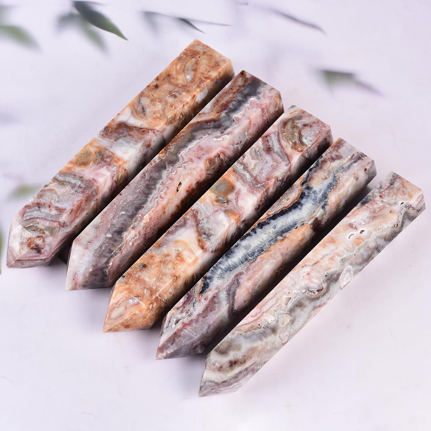 JIC Gem Natural Large Quartz Crystal Stone Striped Agate Gemstone Tower Point 6 Faceted Chrysocolla Crystal Healing Wand Reiki Chakra Decor 4.0-4.4 Lbs