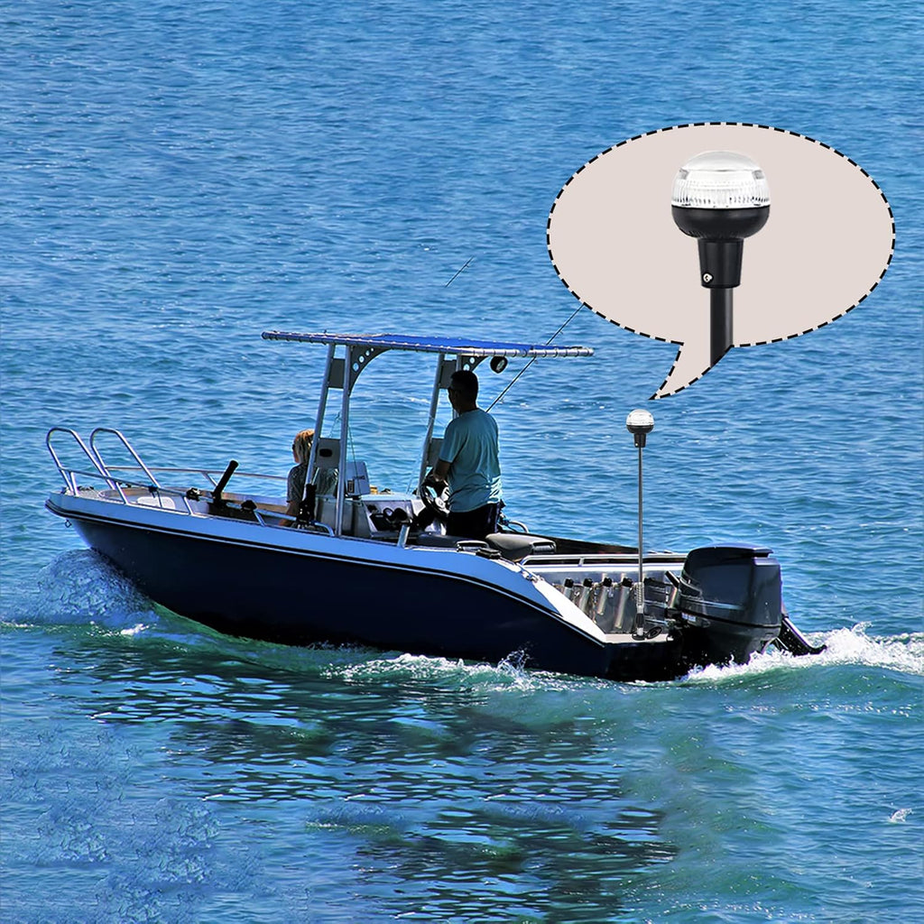 Boat Stern Light Anchor Light LED Marine Navigation Lights Spring Flexible Pole All Round White USCG 2 NM Removable 2 Pin Plug In with Threaded Base 12 Volts 36 Inches (Glass Fiber Pole)