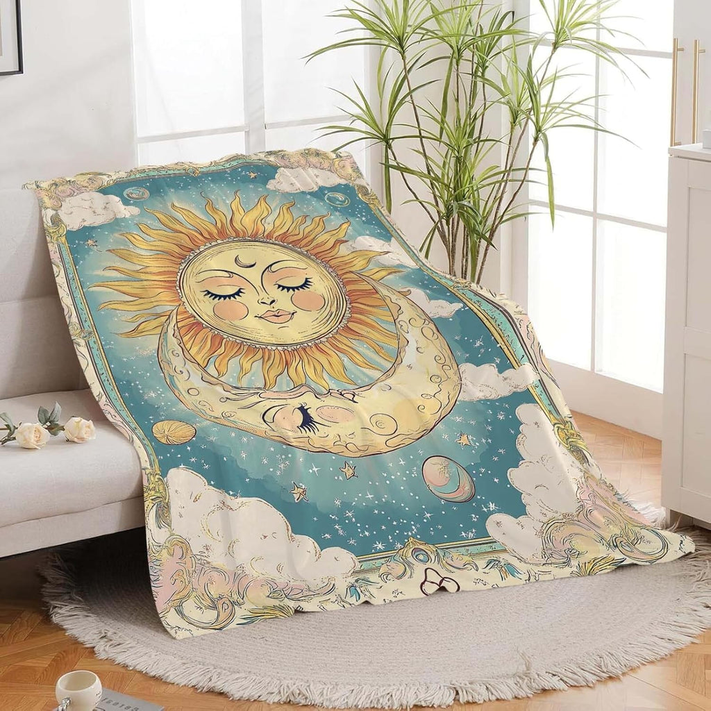 Sun and Moon Throw Blanket Celestial Hippie Sun and Moon Stuff Gifts for Kids Girls Boys Adults Women Man Soft Cozy Warm Plush Fluffy Fuzzy Fleece Blanket Decor 40''X50''