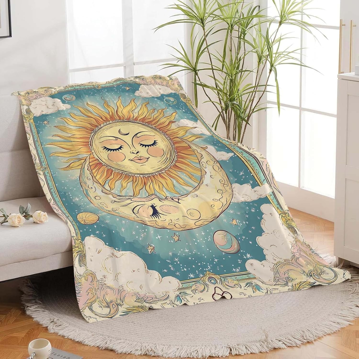 Sun and Moon Throw Blanket Celestial Hippie Sun and Moon Stuff Gifts for Kids Girls Boys Adults Women Man Soft Cozy Warm Plush Fluffy Fuzzy Fleece Blanket Decor 40''X50''