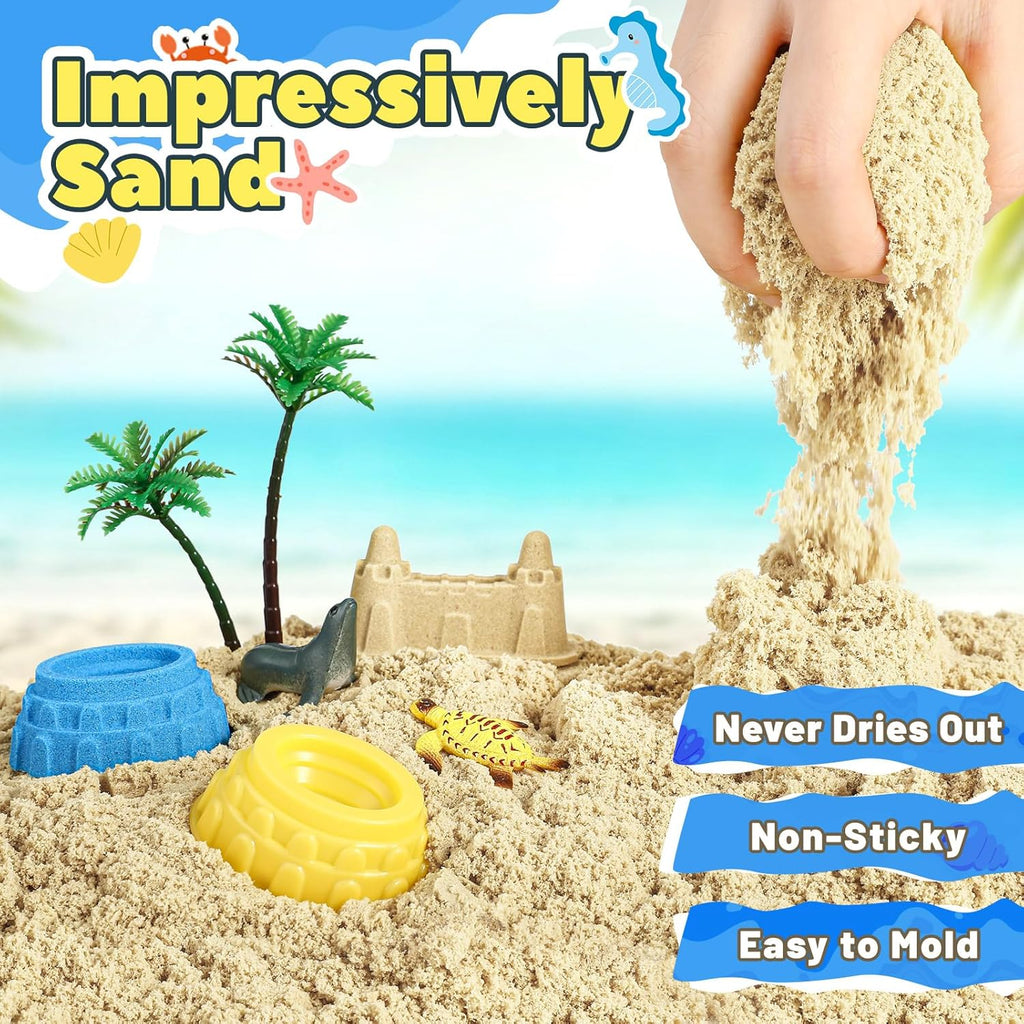 FRUSE Ocean Sensory Bin,Play Sand Art Kit with 2.2lbs Play Sand,12 Sea Animal Toys,Sand Molds,Role Play Beach Toy Sandbox Toys for Toddlers 3 4 5 6 7