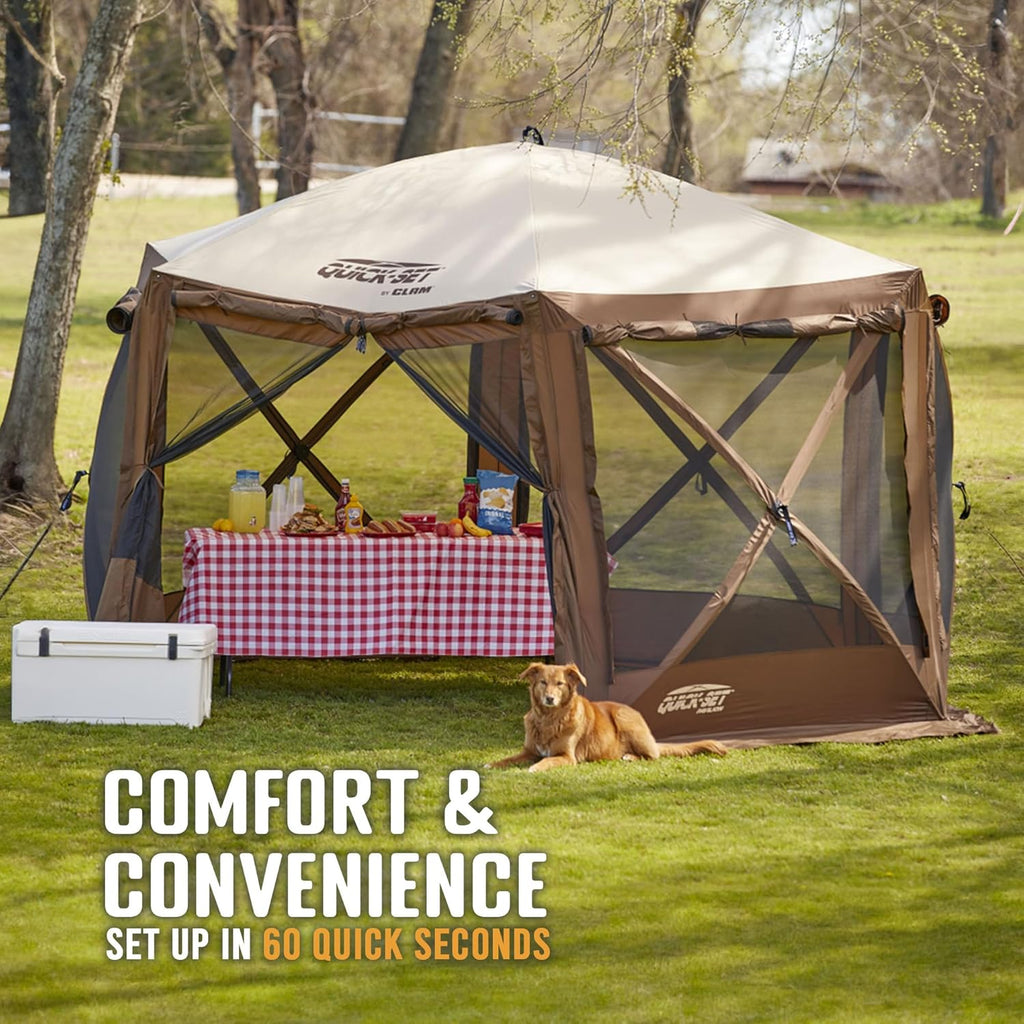 CLAM Pop Up Screen Tent, Large Outdoor Camping Gazebo Canopy, Pavilion, 12.5', Brown - Foldable and Portable Screened Shelter with Netting for Beach, Patio, and Backyard