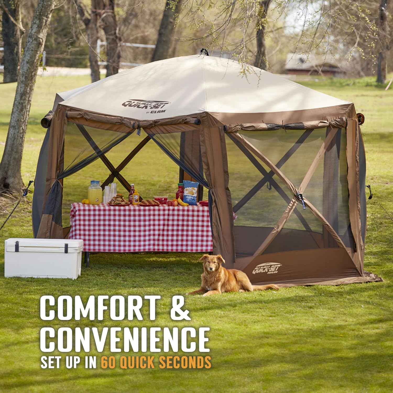 CLAM Pop Up Screen Tent, Large Outdoor Camping Gazebo Canopy, Pavilion, 12.5', Brown - Foldable and Portable Screened Shelter with Netting for Beach, Patio, and Backyard