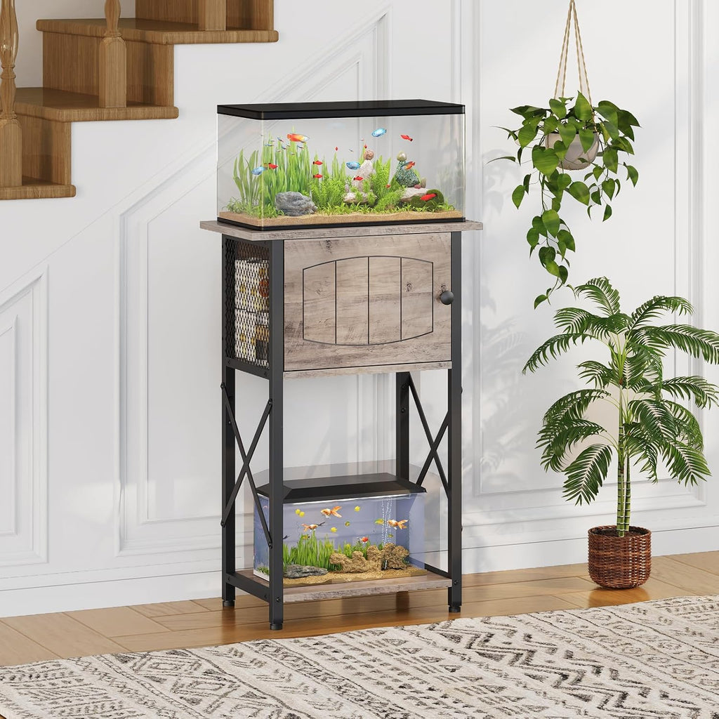 HOOBRO 10 Gallon Aquarium Stand, Fish Tank Stand with Cabinet Storage, Reptile Turtle Tank Stand with Metal Frame, 20.5" L x 11" W , 220 LBS Capacity, Greige BG28FT01