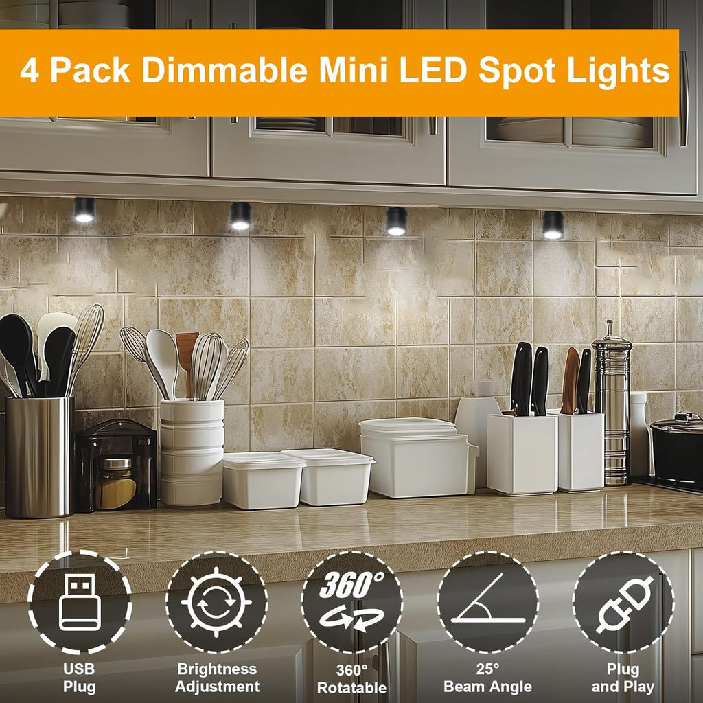 LED Mini Spot Light for Display, Small Spotlight USB, 5V Miniature Spot Lights for Closet, Artwork, Jewelry, DIY Craft and Plants, 6.6 Ft Cable 1 Watt 3 Types(4-White Light)