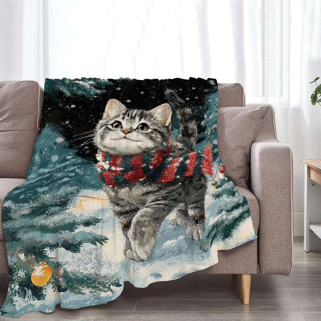 Cat Blanket Christmas Winter Night Throw Blankets Kitten Gifts for Girls Boys Kids Cat Lover Soft Cozy Fleece Plush for Couch Sofa Bed 50"x40"