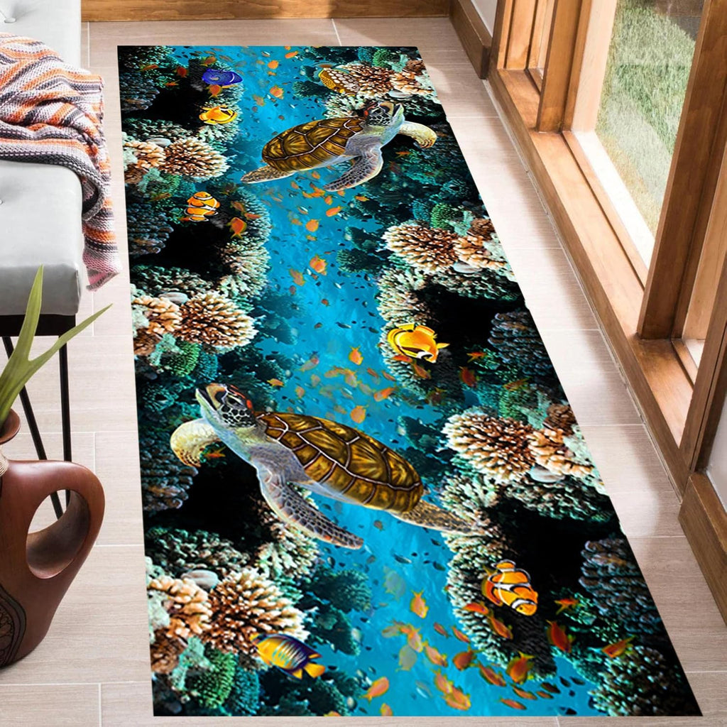 Underwater World Runner Rug, 3.3x7ft, 3D Optical Marine Animals Sea Turtle Clownfish Coral Blue Coastal Rug, Nautical Themed Decor Area Rug for Entryway Foyer Kitchen Bedroom