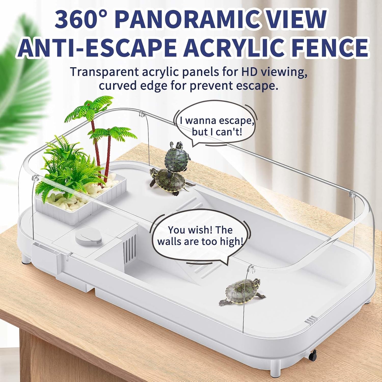 Large Turtle Tank with Water Pump, Acrylic Turtle Tank Starter Kit with Heightened and Curved Fences, Multi-Function Areas, Bottom Drainage
