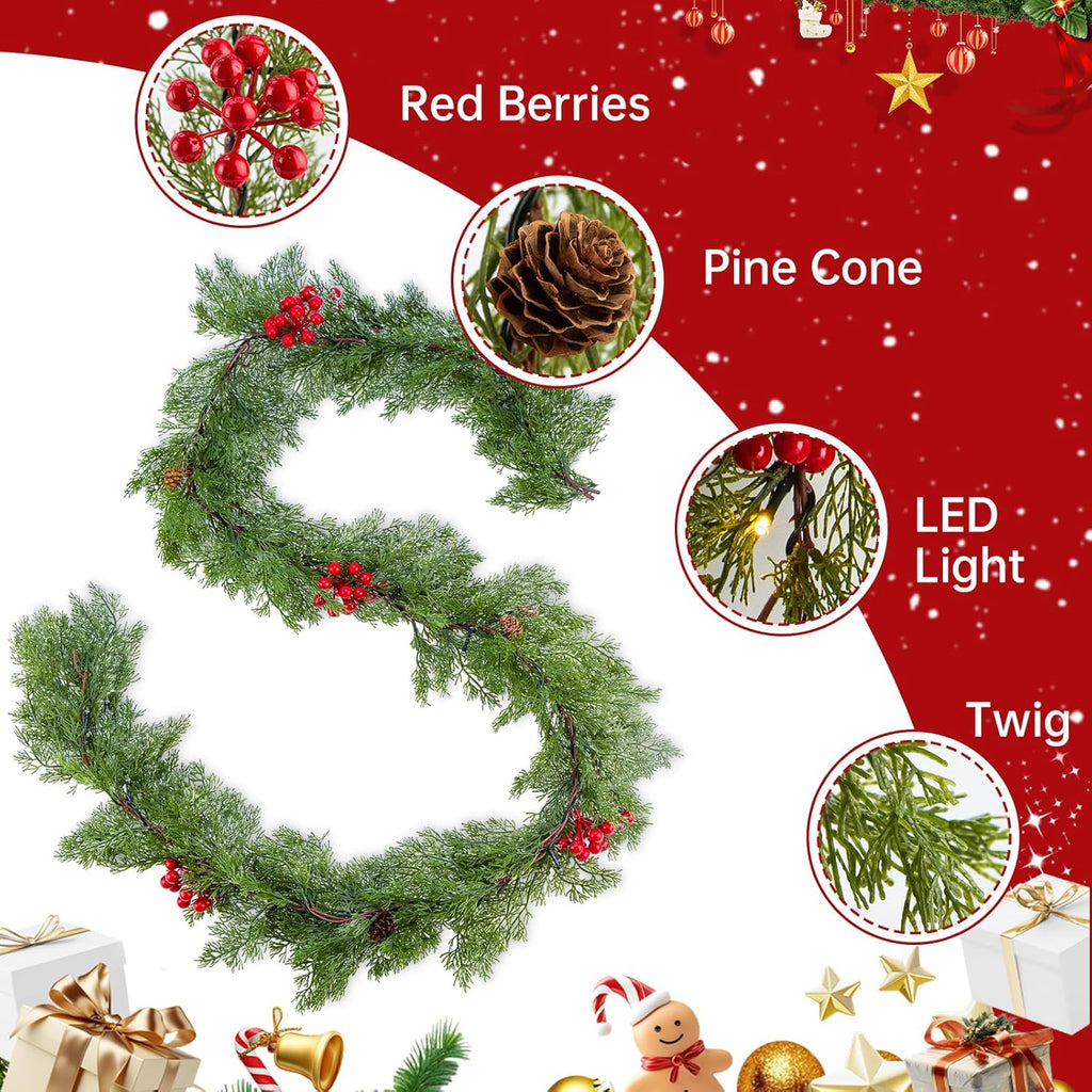 6FT Christmas Garland Faux Cypress Pine Cedar Garland with 20 LED Lights, Holiday Garland for Home, Wedding, Party Decorations
