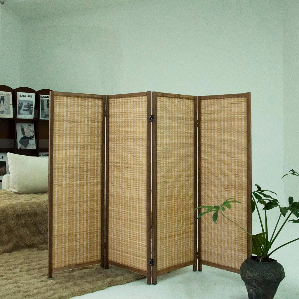 4 Panel Short Room Divider Folding Screen,47 inch Bamboo Panel Divider for Home Partition,Brown