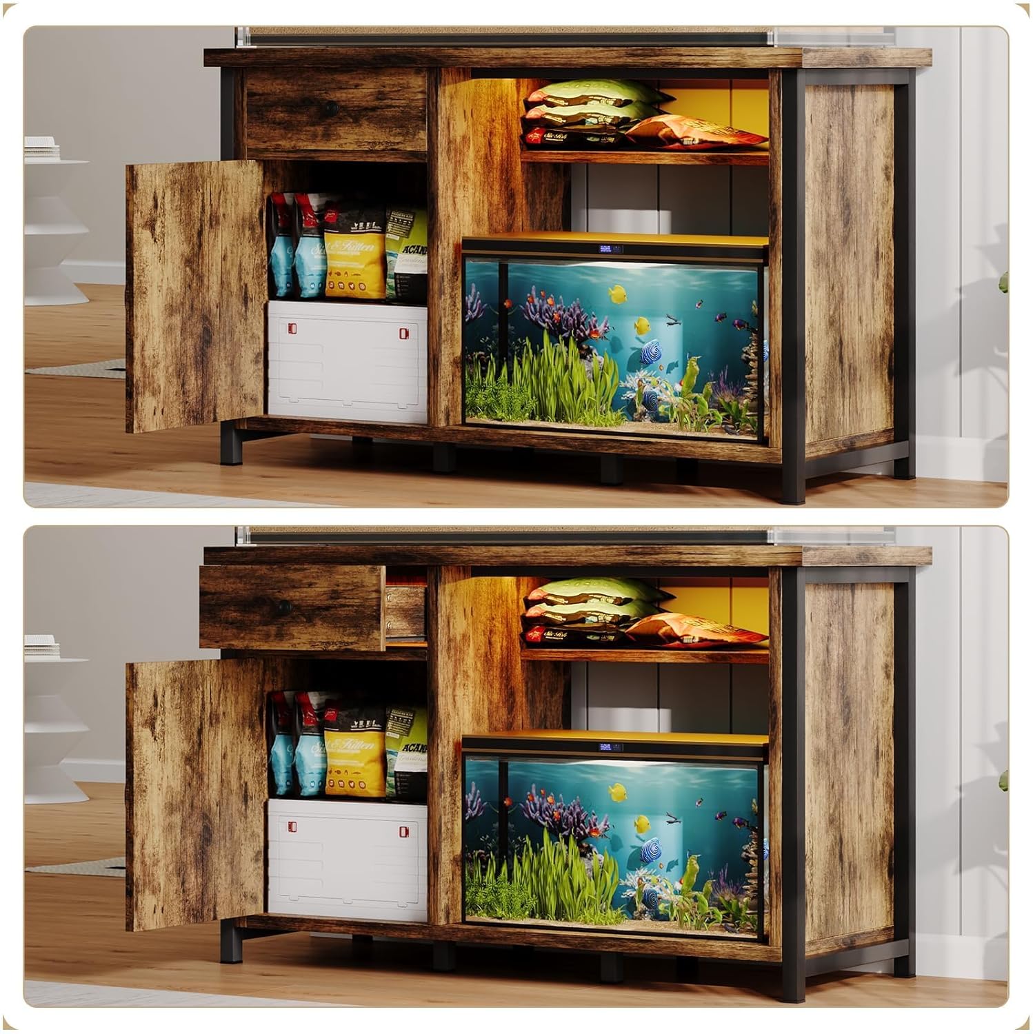 4ever2buy 55-75 Gallon Fish Tank Stand with Power Outlets, LED Light, Heavy Duty Aquarium Stand with Cabinet for Fish Tank Accessories Storage, for Turtle Tank, Reptile Terrarium, 1100LBS, Black