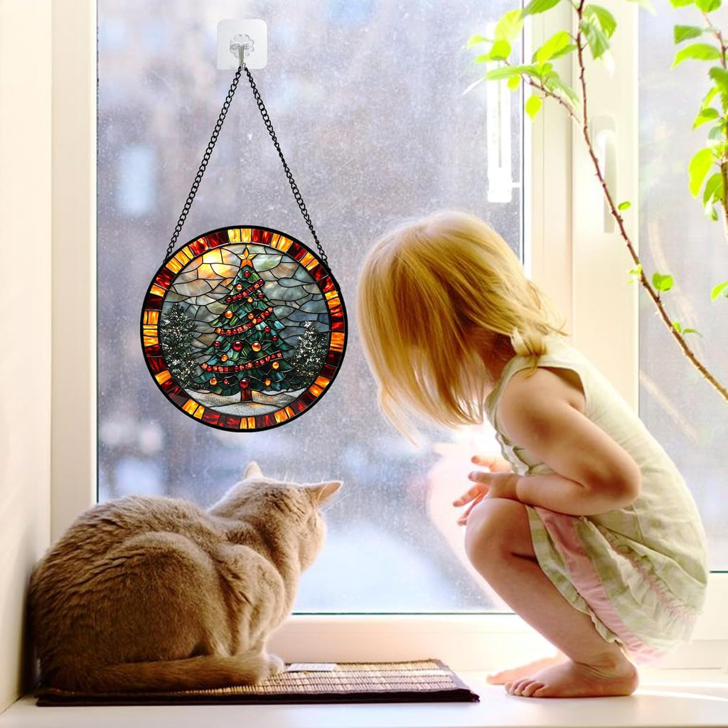 Stained Glass Window Hanging - Winter Christmas Tree Suncatcher Ready to Hang Window Doors Home Decoration, Christmas, Mother's Day Birthday Gifts for Women, Men, and Mom 6.3x6.3 in