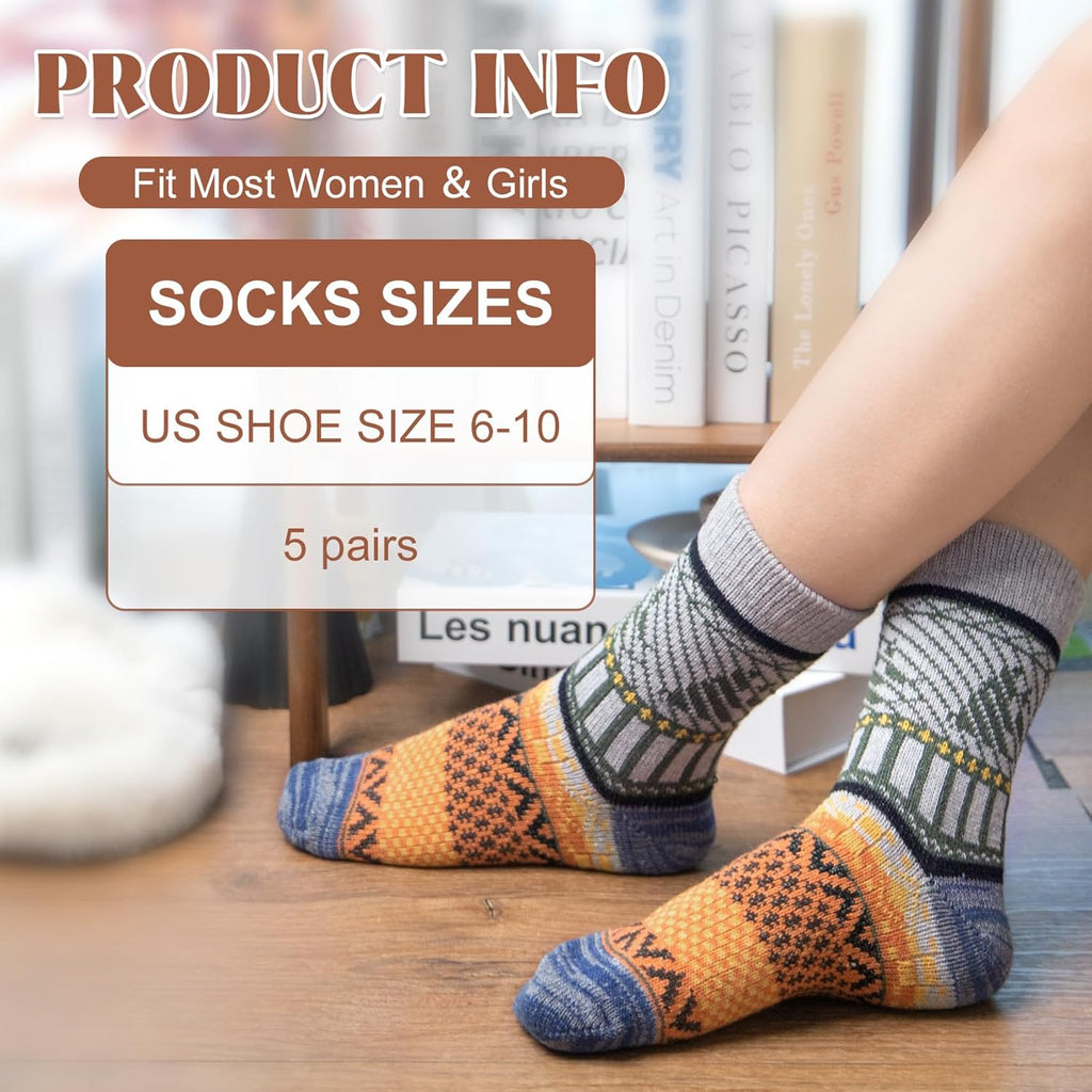 Justay 5 Pairs Wool Socks for Women - Winter Thick Boot Cozy Crew Vintage Soft Calf Knit Warm Socks Gifts